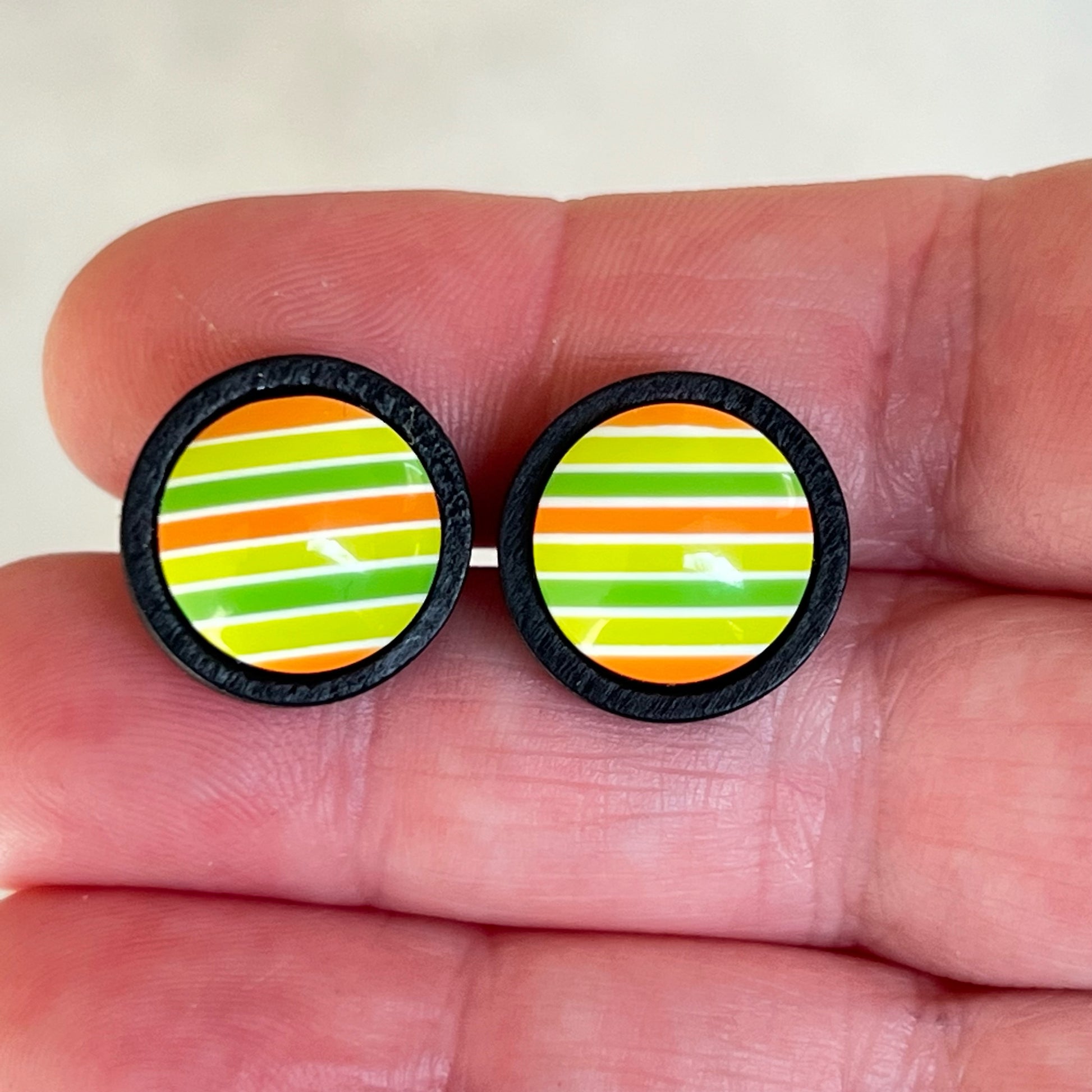 Green & Orange Striped Black Wood Stud Earrings - Unique and Colorful Accessories