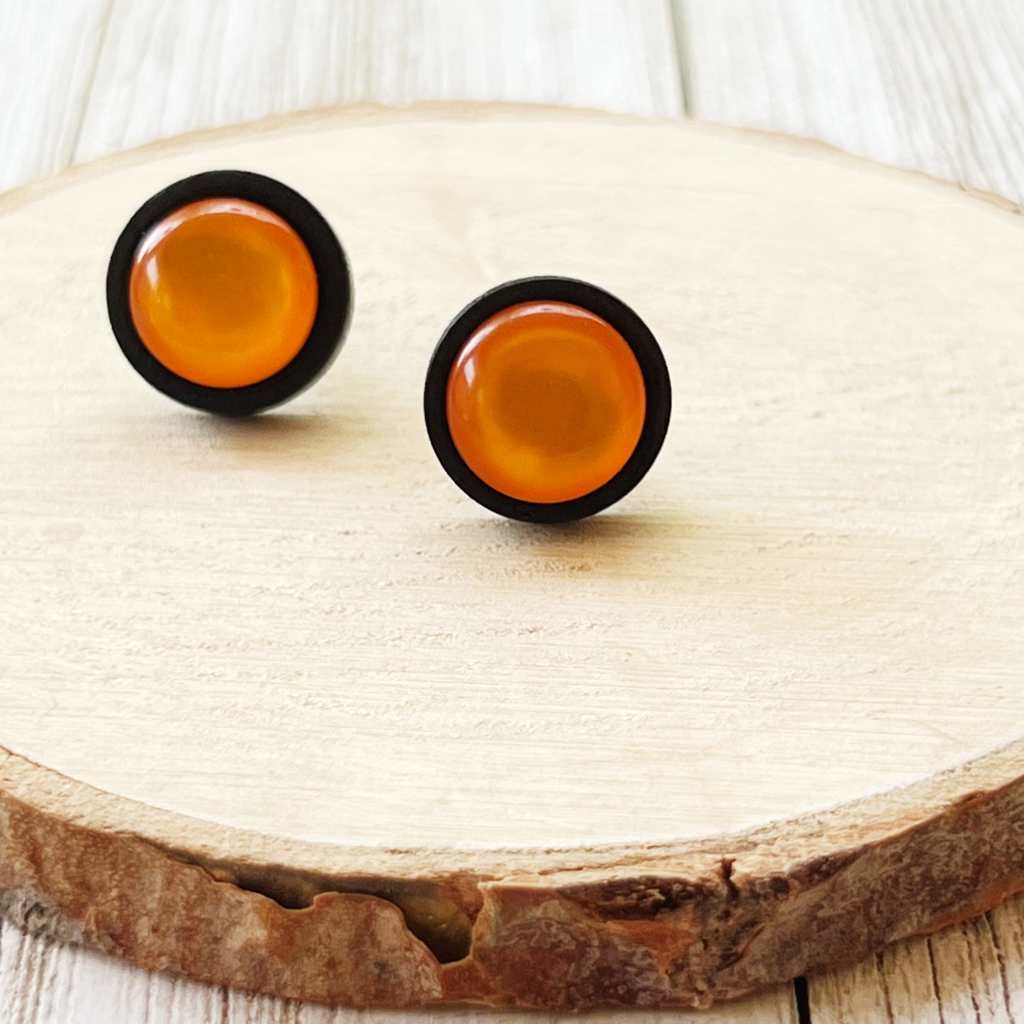 Orange Resin Black Wood Unisex Stud Earrings - Unique & Stylish Accessories