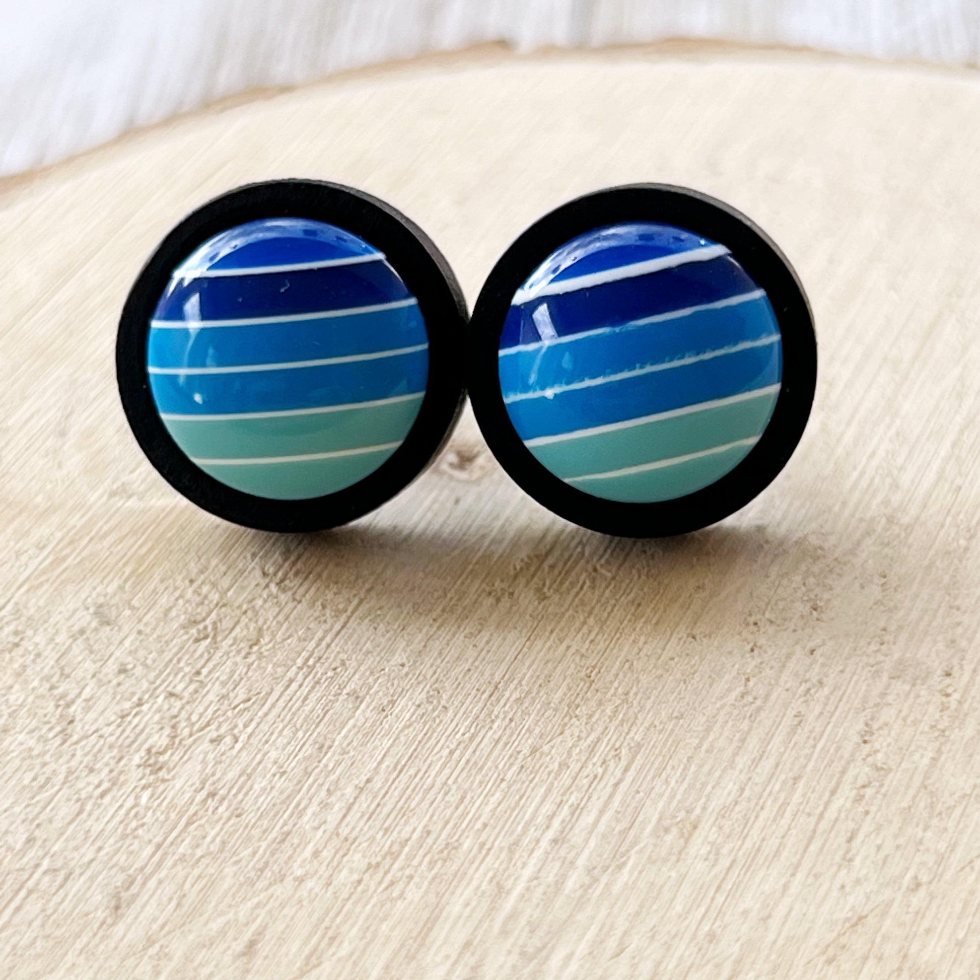 Blue Gradient Striped Black Wood Earrings - Stylish Contemporary Accessories