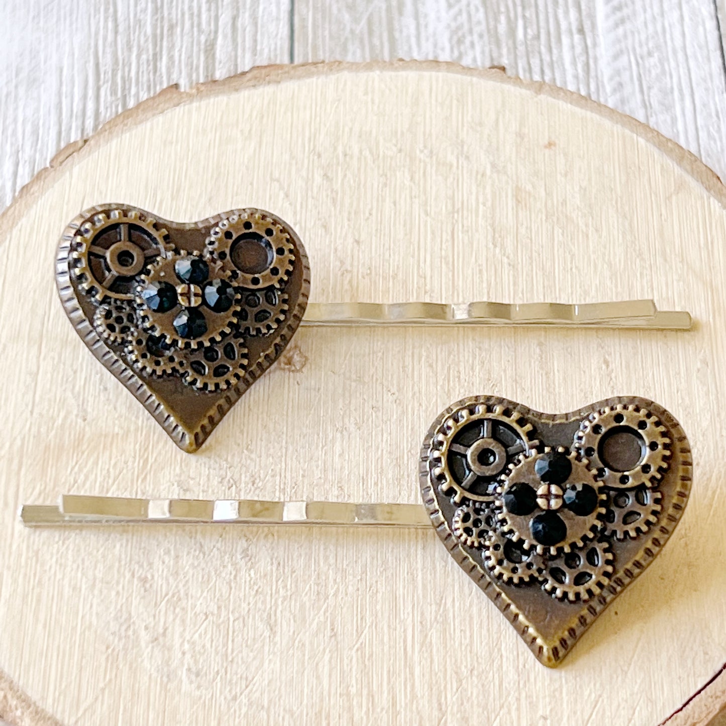 Steampunk Gear Hearts with Black Rhinestones Hair Pin