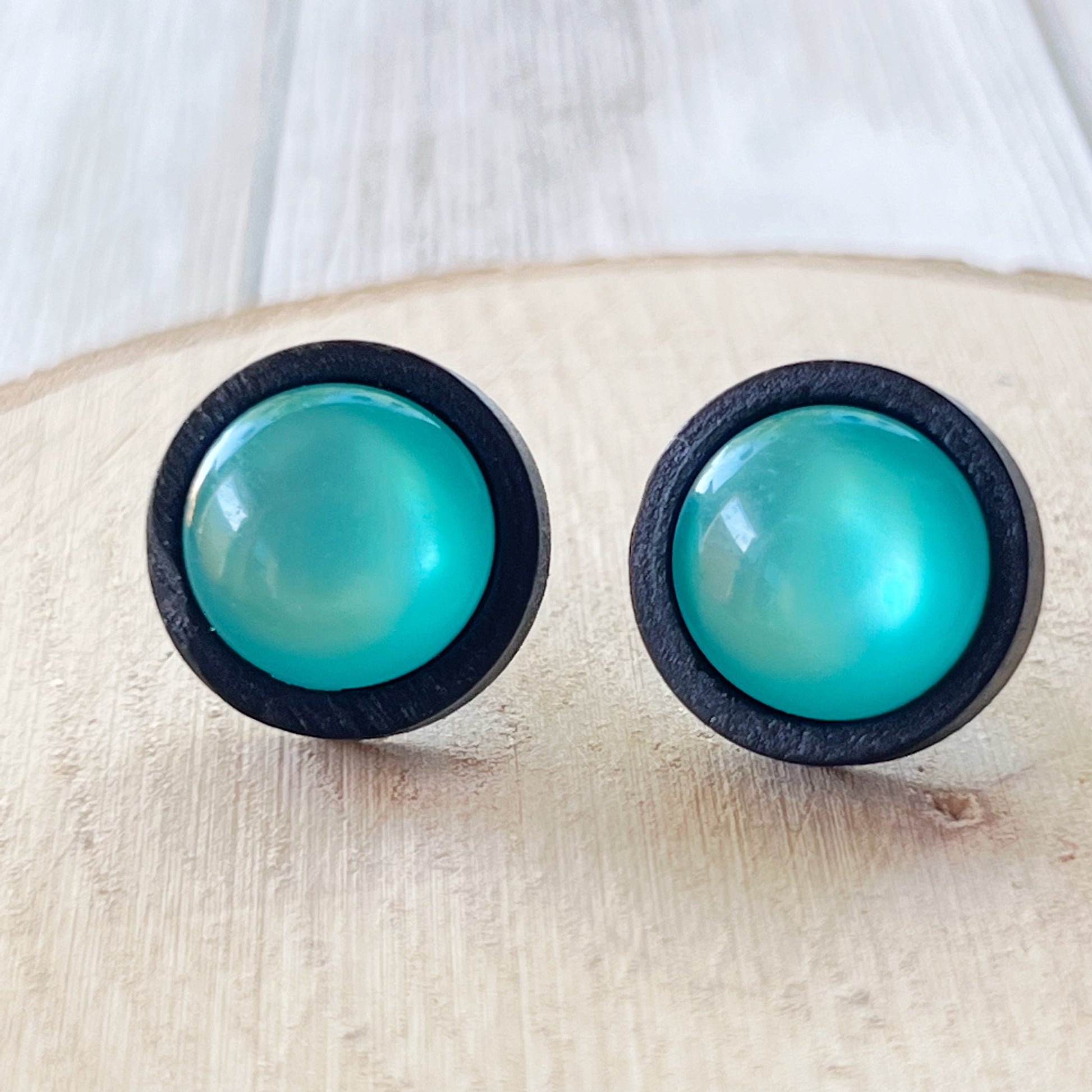 Natural Black Wood Blue Glass Stainless Steel Unisex Stud Earrings