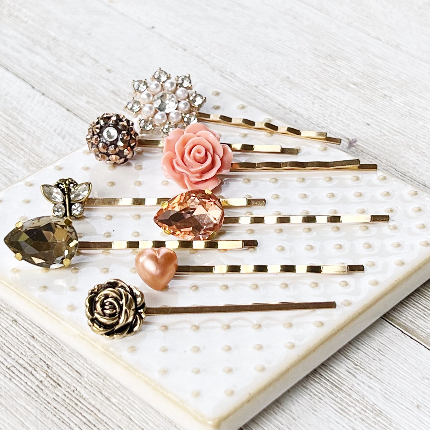 Vintage Inspired Rose Gold Hair Pins: Adorned with Rhinestone Pearls, Flowers, Hearts, & Antiqued Gold Butterflies for Timeless Elegance