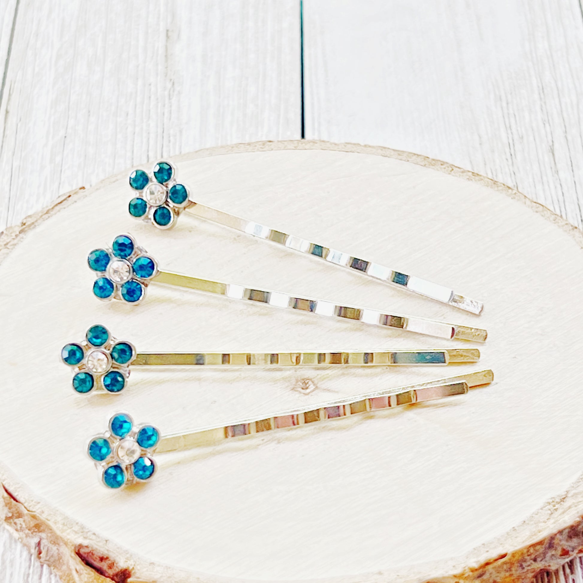 Blue Rhinestone Flower Hair Pins - Elegant and Sparkling Floral Hair Accessories