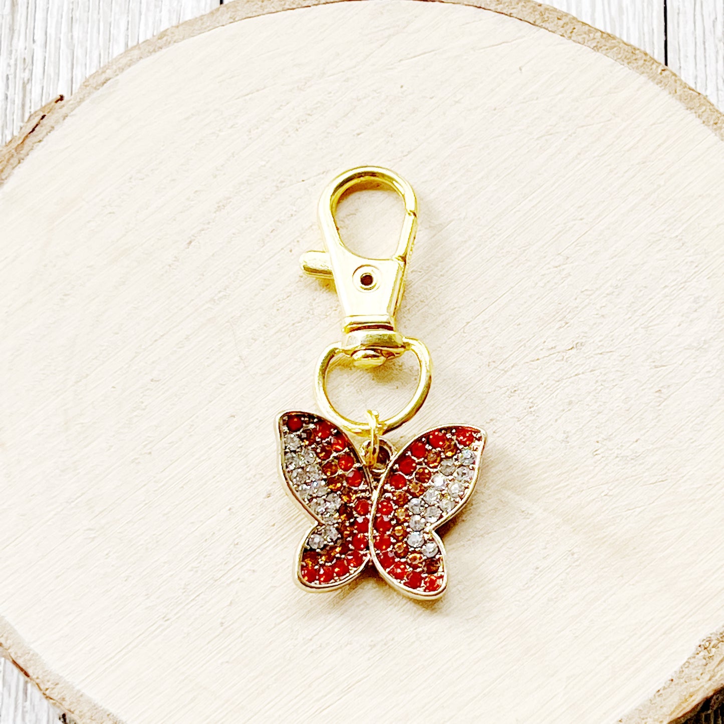 Red & Orange Butterfly Zipper Pull Keychain Charm with Rhinestones - Stylish and Whimsical Accessory for Your Bag