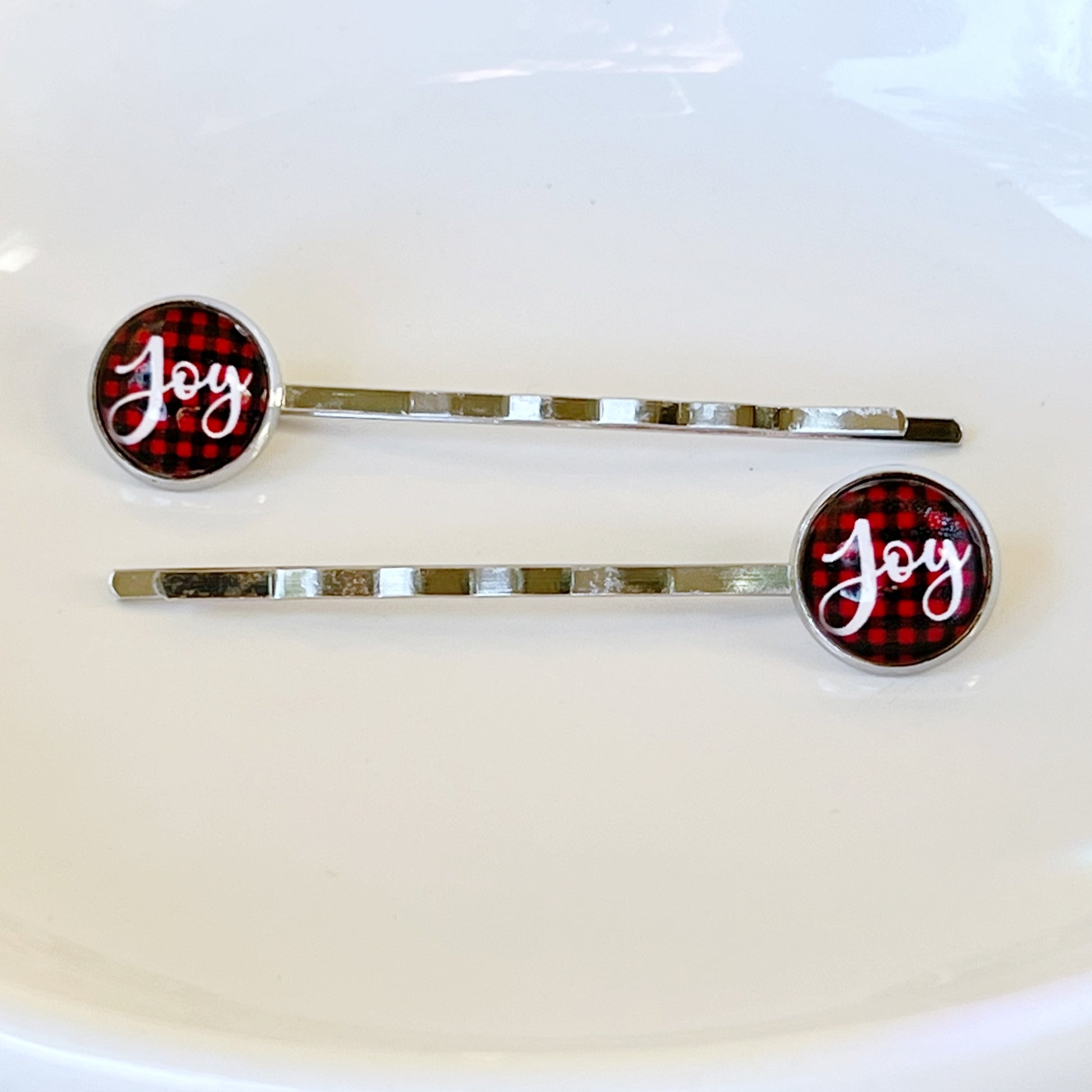 Red Buffalo Plaid Joy Christmas Holiday Bobby Pins