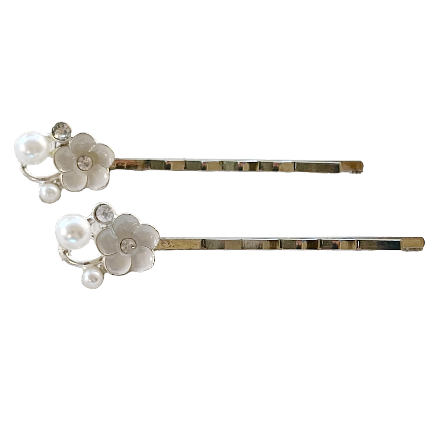 White Flower Pearl & Rhinestone Hair Pins: Elegant Silver Accents