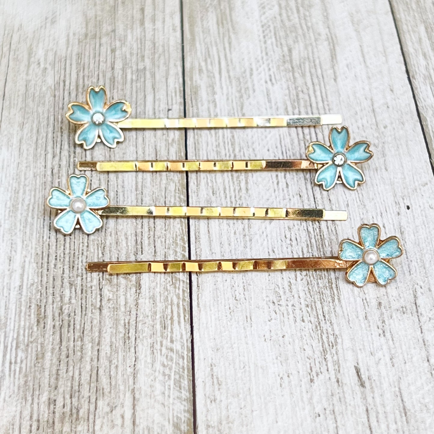 Blue Flower Hair Pins with Pearl & Rhinestone Accents - Set of 4 Elegant Accessories