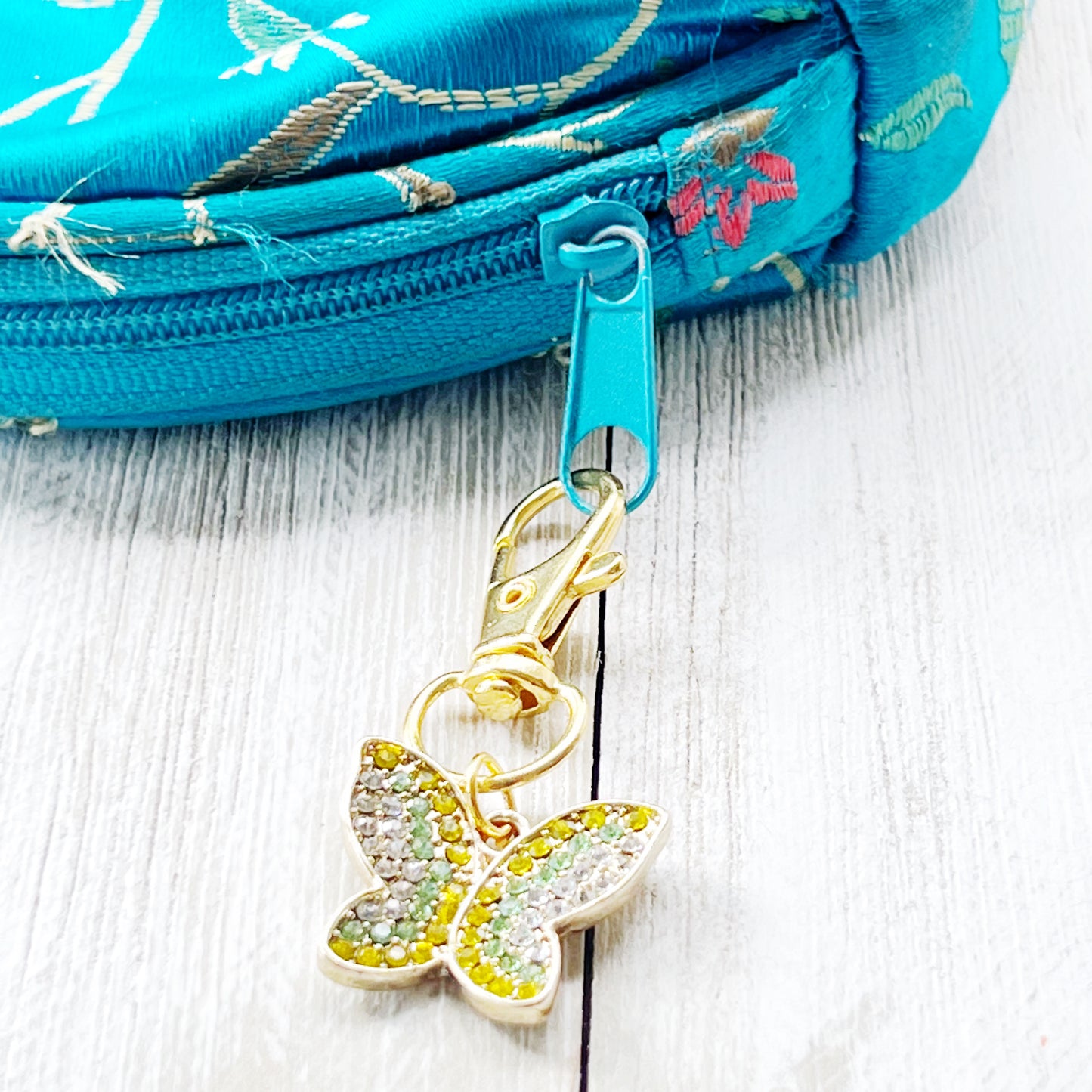 Yellow & Green Butterfly Zipper Pull Keychain Charm with Rhinestones - Stylish and Whimsical Accessory for Your Bag