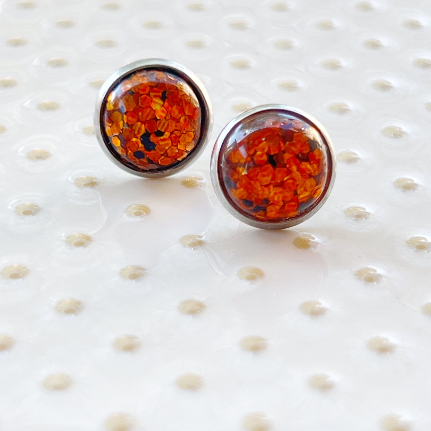 Orange Glitter 10mm Silver Stud Earrings - Sparkling and Elegant Accessories