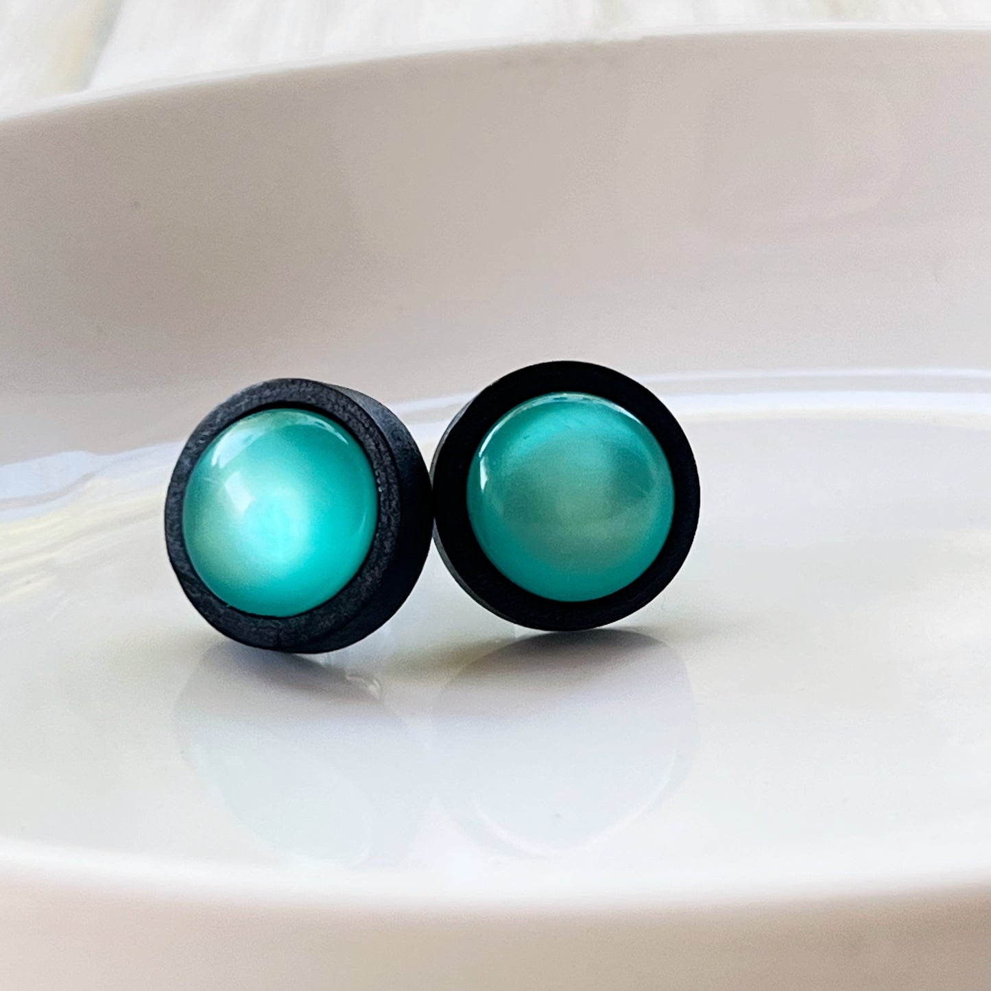 Natural Black Wood Blue Glass Stainless Steel Unisex Stud Earrings