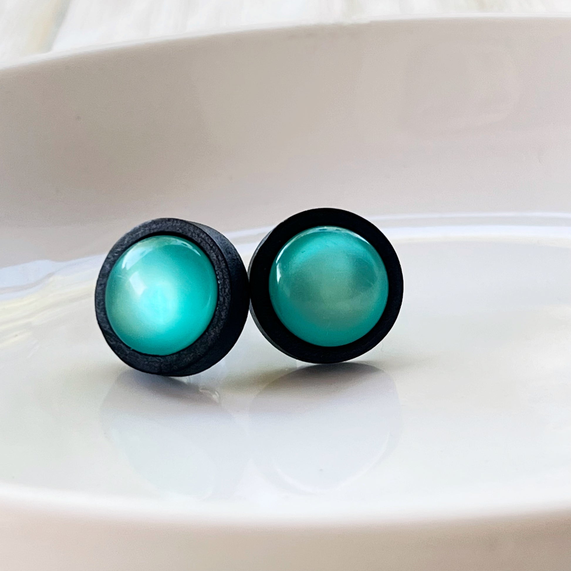 Natural Black Wood Blue Glass Stainless Steel Unisex Stud Earrings