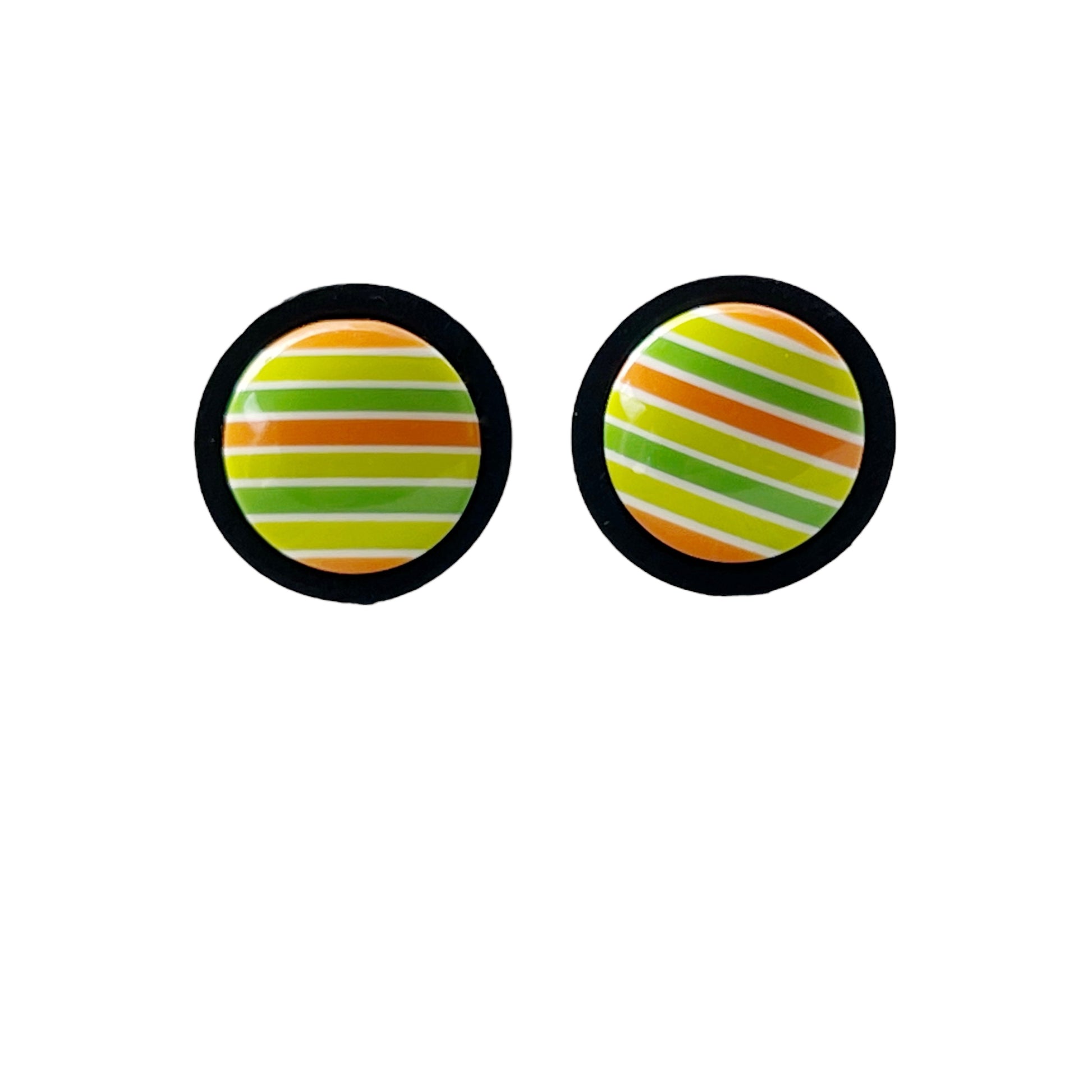 Green & Orange Striped Black Wood Stud Earrings - Unique and Colorful Accessories