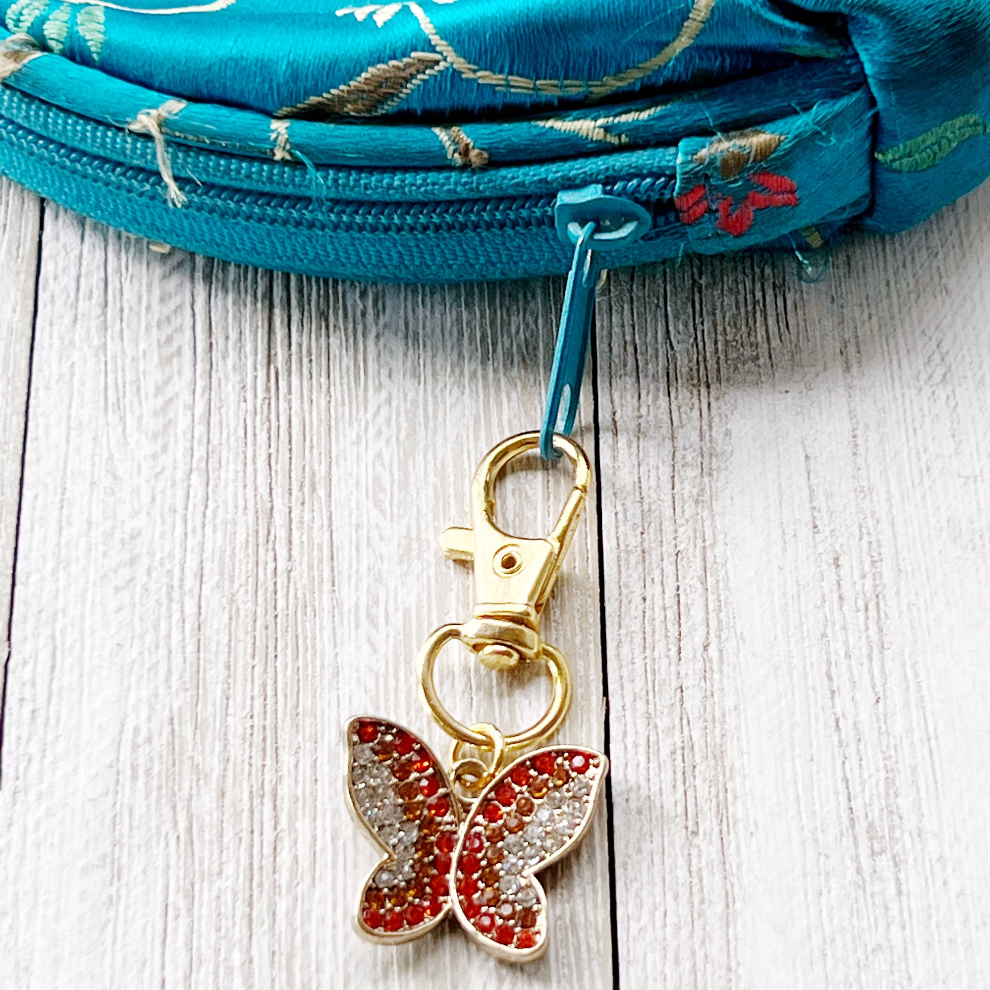 Red & Orange Butterfly Zipper Pull Keychain Charm with Rhinestones - Stylish and Whimsical Accessory for Your Bag