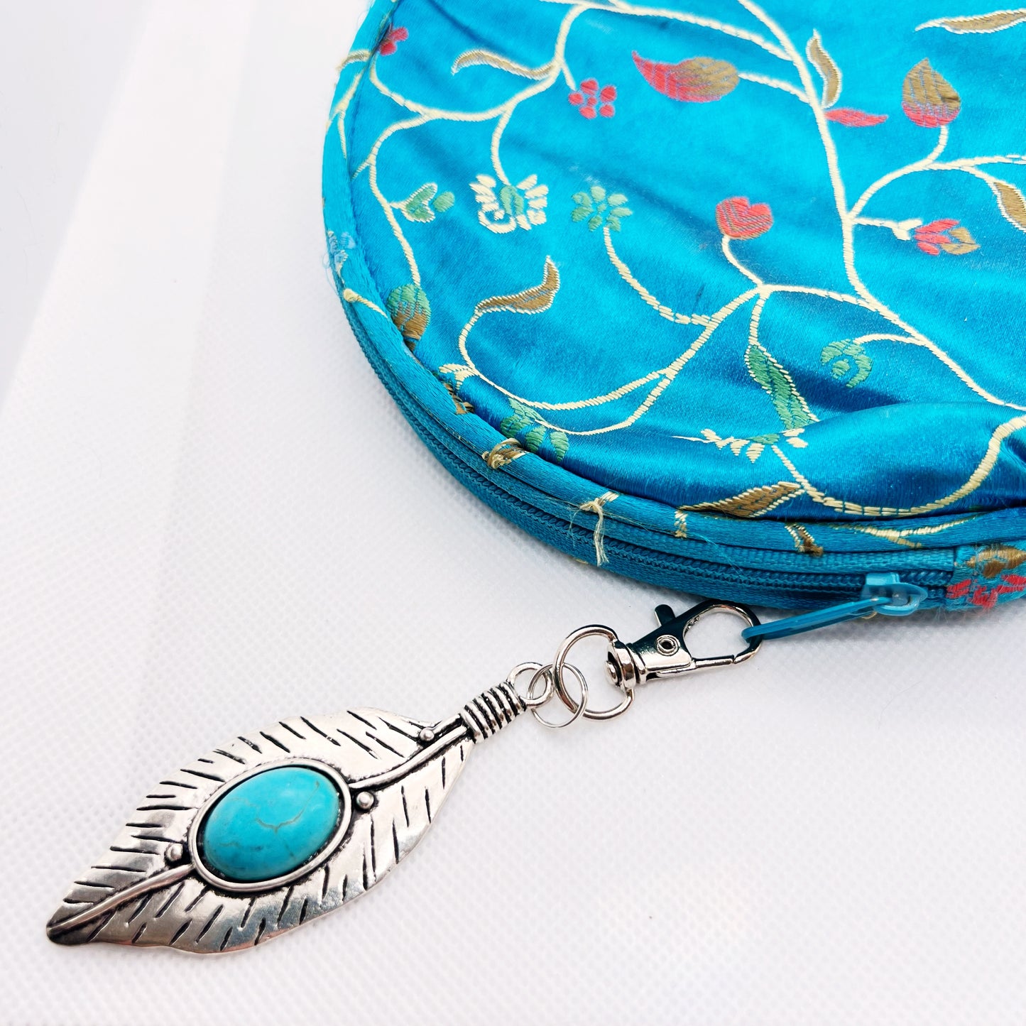 Turquoise Silver Feather Western Zipper Pull Keychain Charm