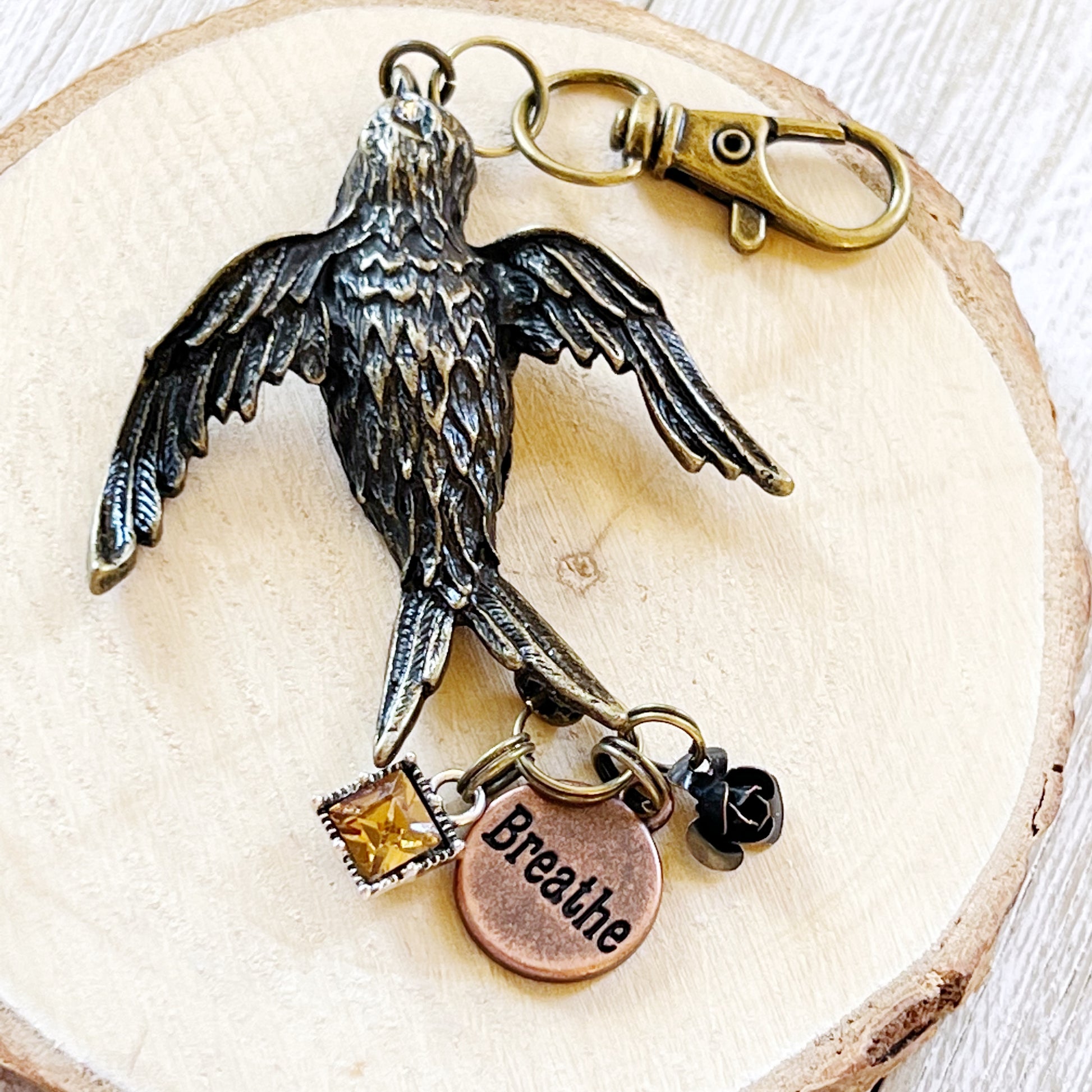 Large Metal 'Breathe' Bird Charm with Rhinestone and Flower Accents - Perfect for Keychain or Purse Decoration