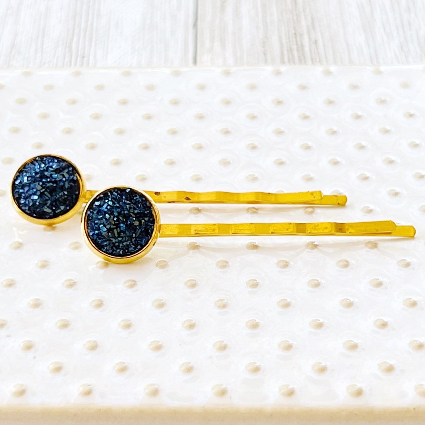 Cobalt Blue Druzy Gold Hair Pins