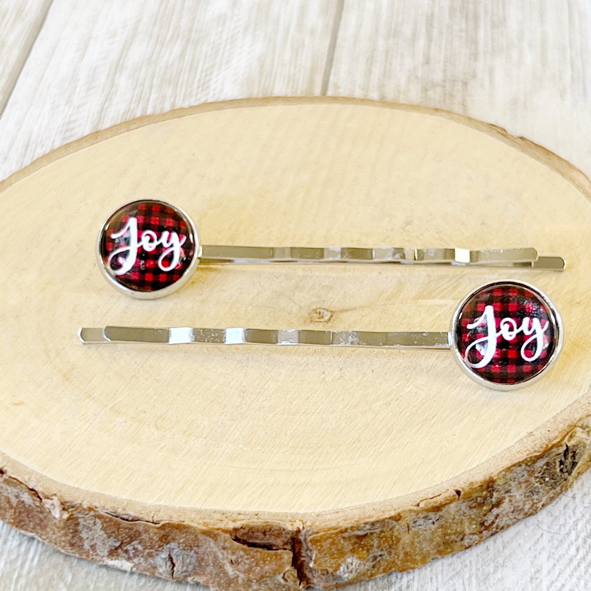 Red Buffalo Plaid Joy Christmas Holiday Bobby Pins