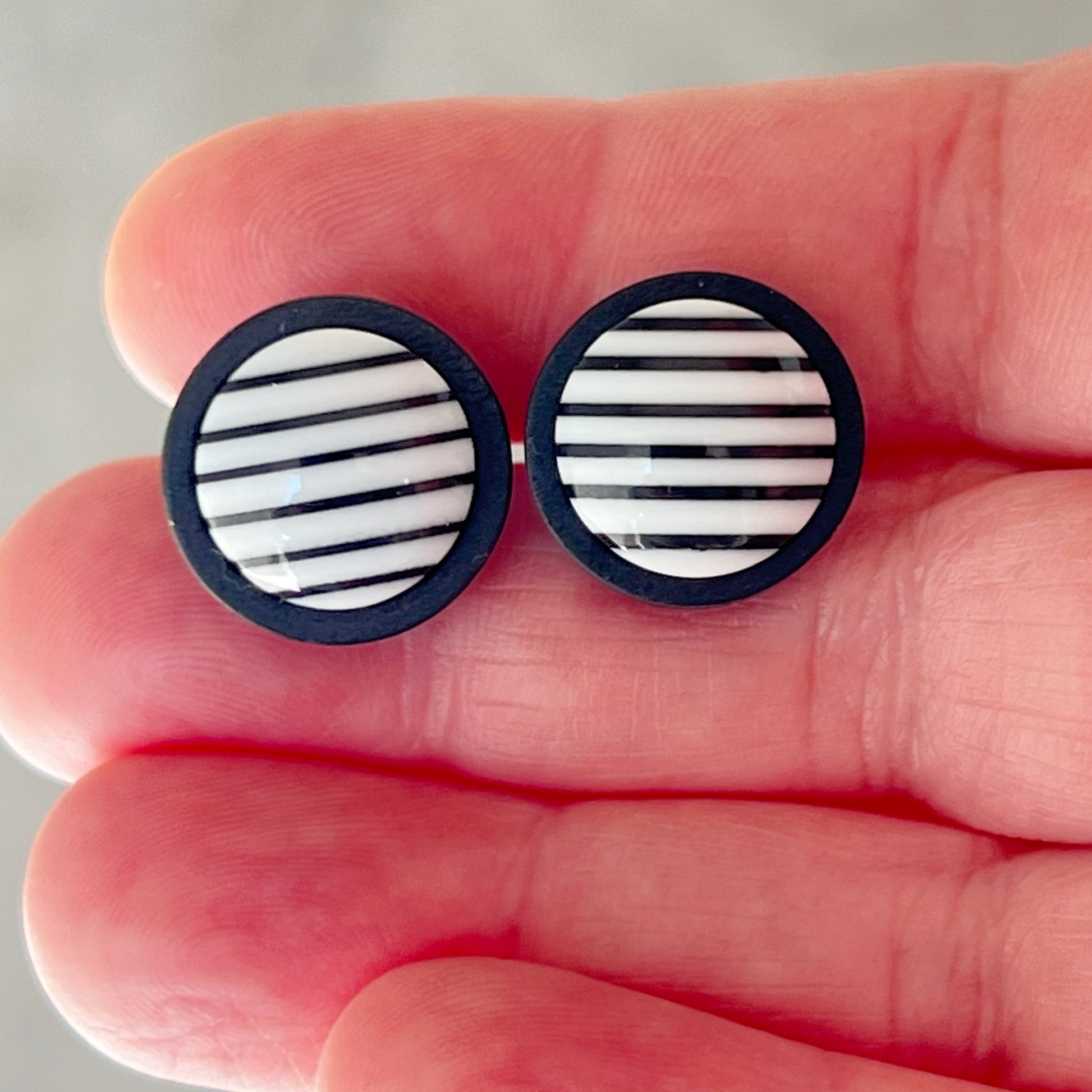 Black & White Striped Black Wood Earrings - Stylish & Contemporary Accessories