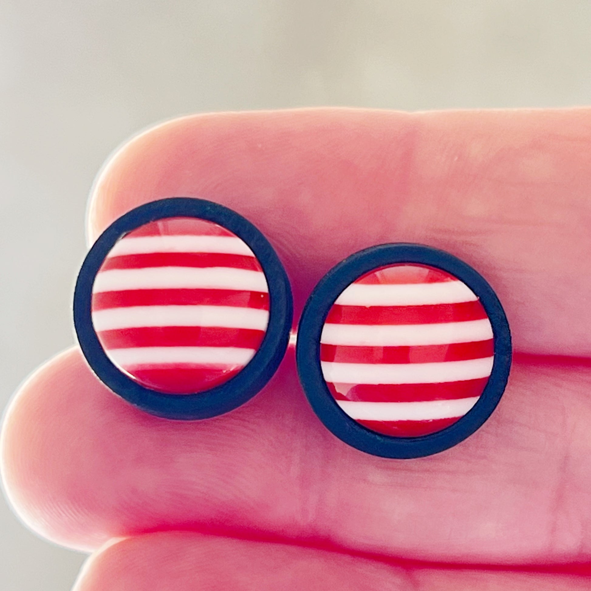 Red & White Striped Unisex Black Wood Stud Earrings: Bold & Versatile Accessories for Any Outfit