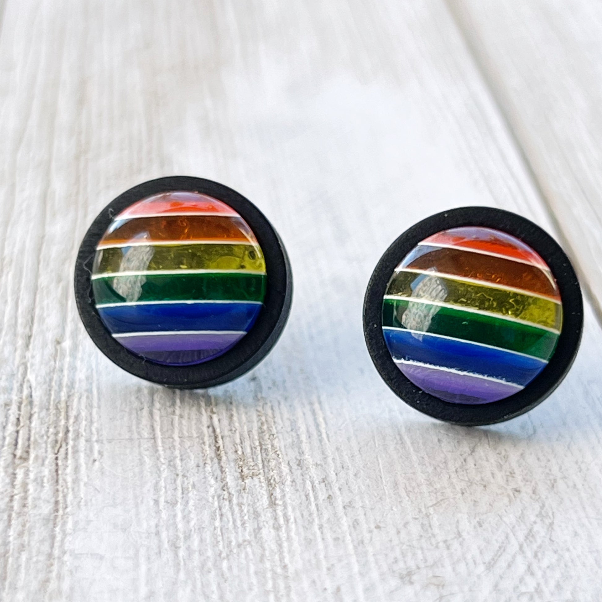 Rainbow Striped Black Wood Stud Earrings - Colorful and Unique Accessories