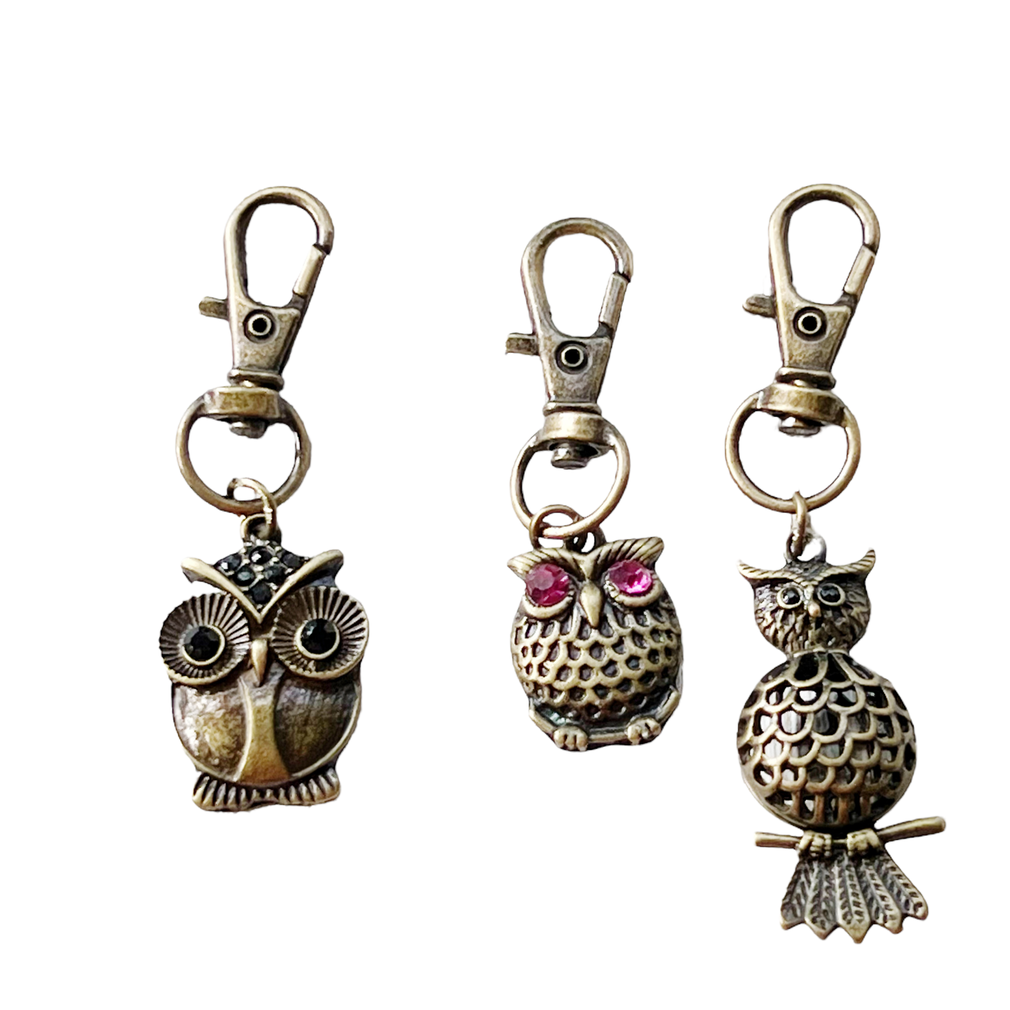 Set of 3 Brass Owl Purse Charms with Rhinestone Accents