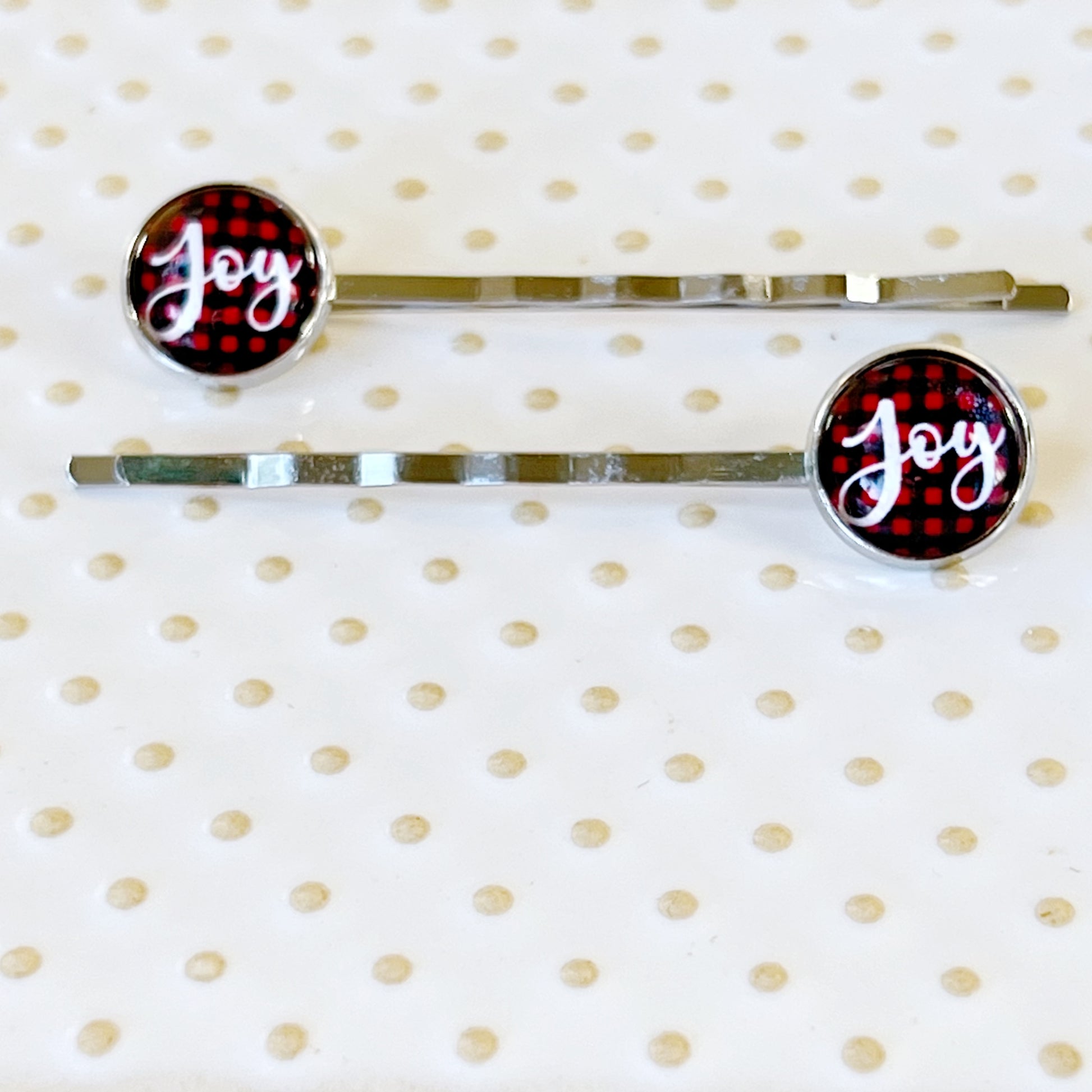 Red Buffalo Plaid Joy Christmas Holiday Bobby Pins