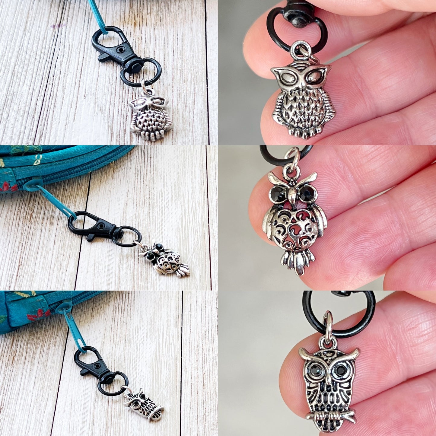 Set of 3 Silver Owl Purse Charms with Rhinestone Accents