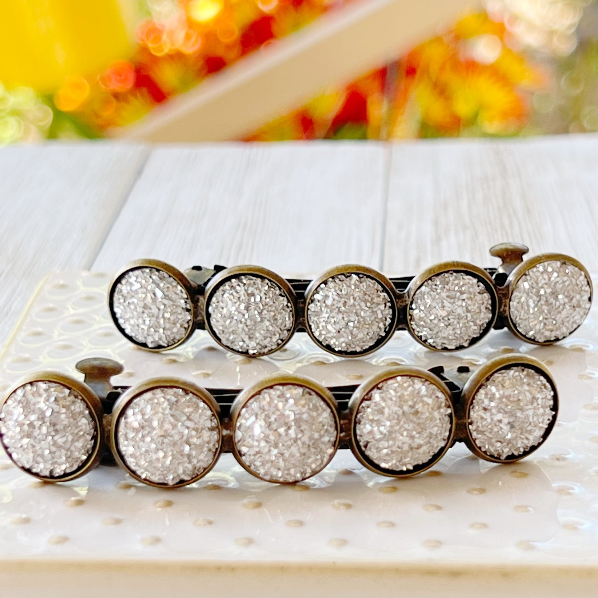 Metallic Silver Druzy Brass Barrettes - Stylish & Elegant Hair Accessories