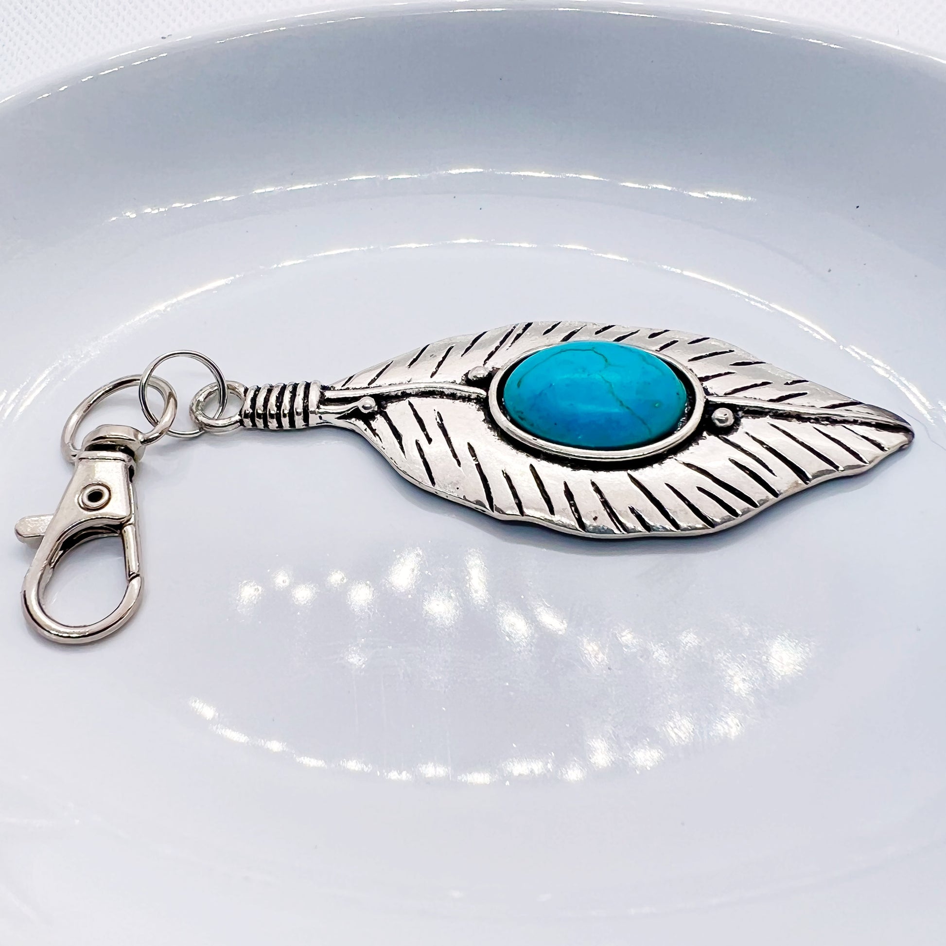 Turquoise Silver Feather Western Zipper Pull Keychain Charm