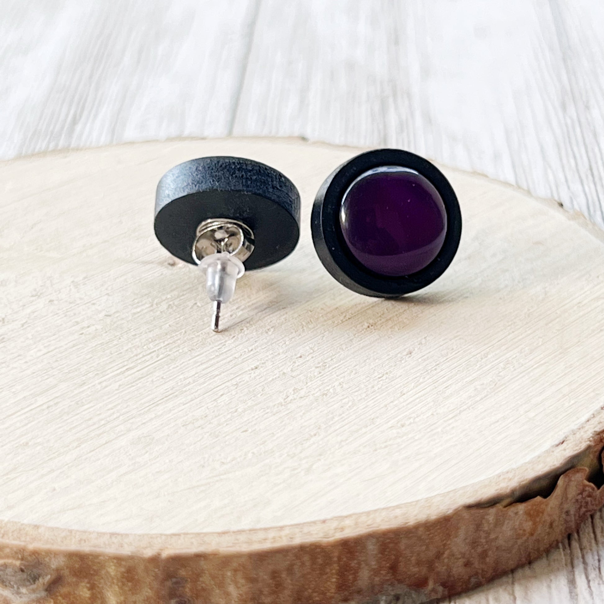 Purple Resin Black Wood Unisex Stud Earrings - Unique & Stylish Accessories