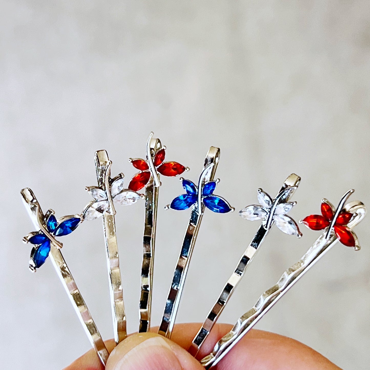 Red White & Blue Dragonfly Hair Pin, Hair Pins For Woman, Womens Hair Clip, Womens Bobby Pins, Rhinestone Hair Pin