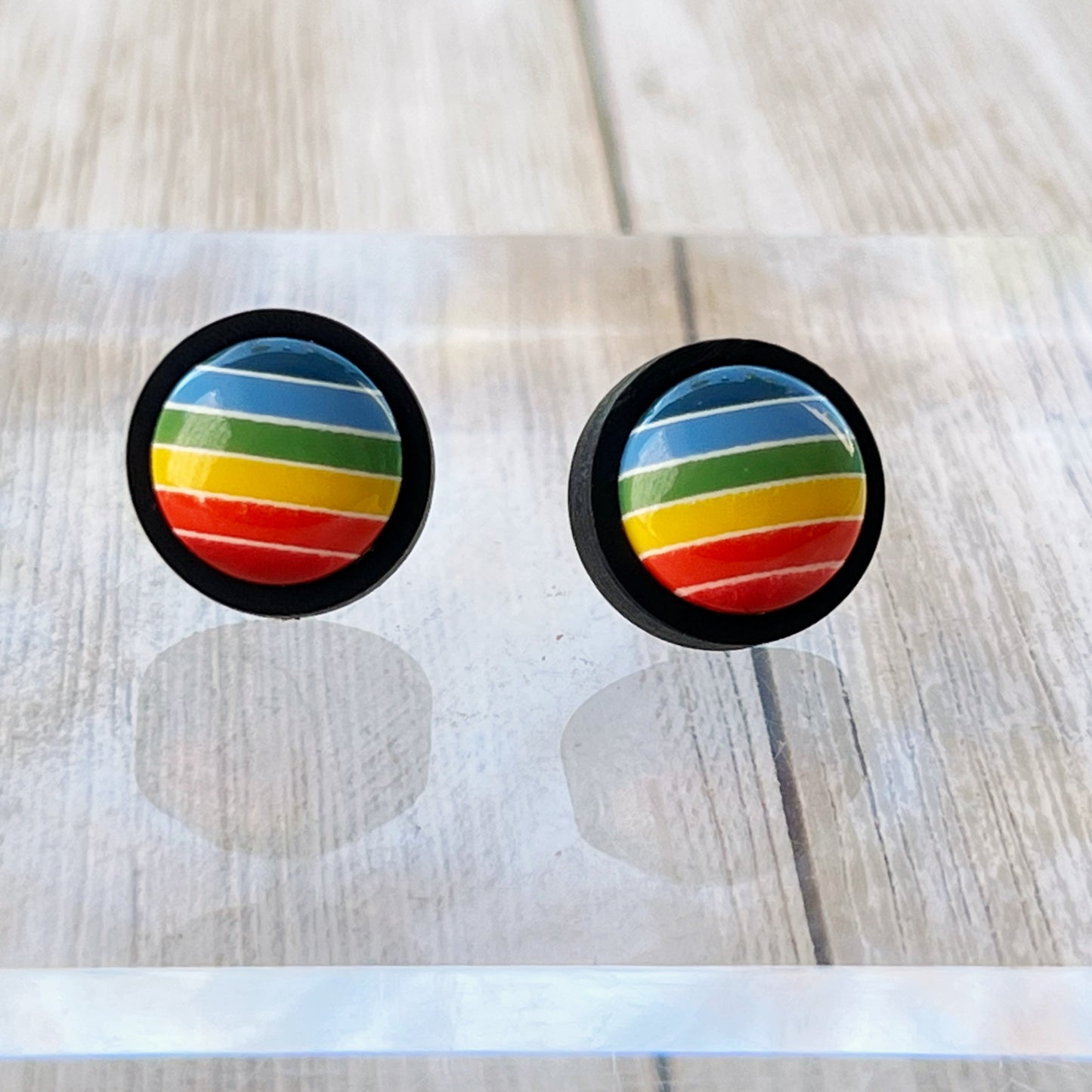 Rainbow Striped Black Wood Stud Earrings - Colorful and Unique Accessories