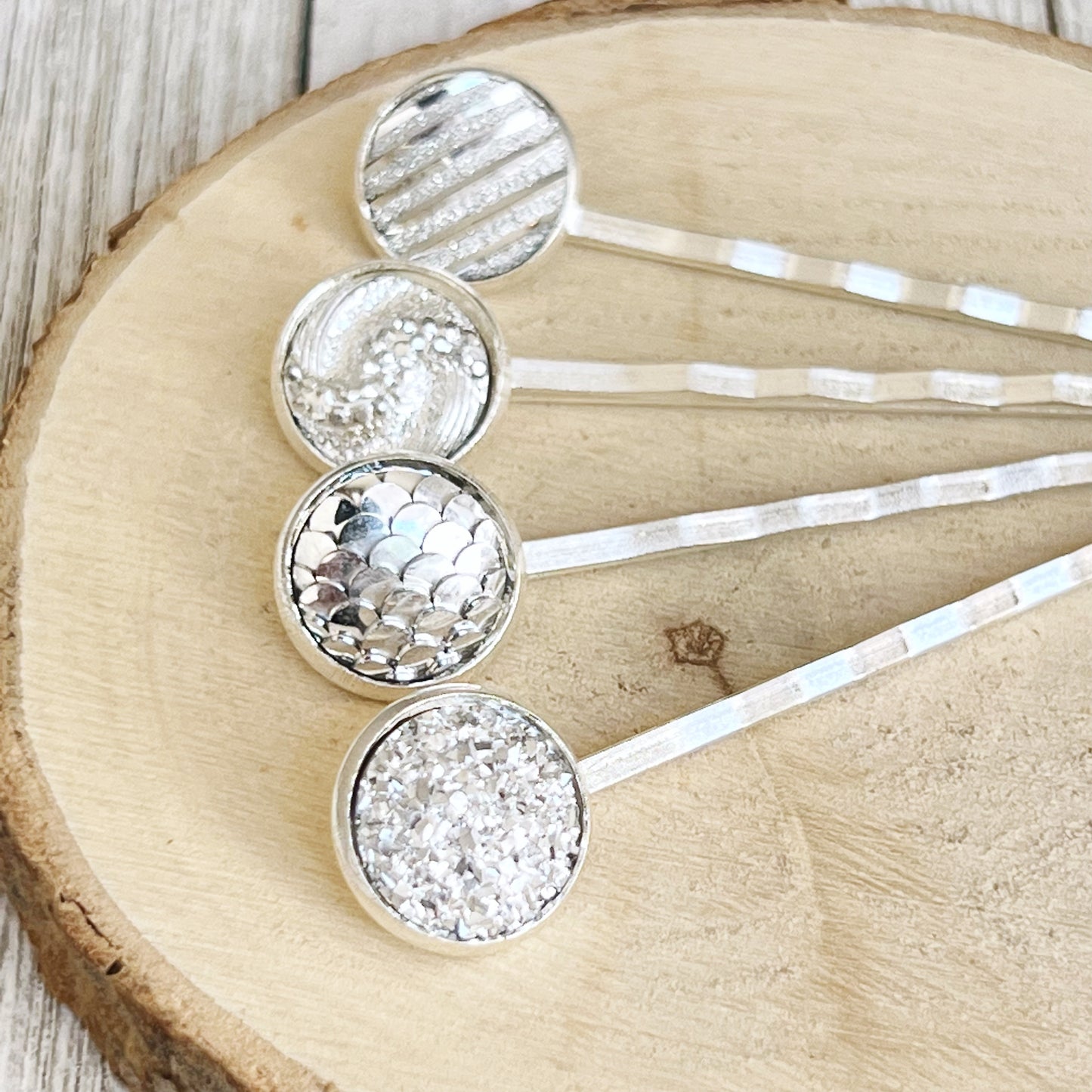 Silver Hair Pins: Set of 4 Stylish Accessories with Unique Patterns