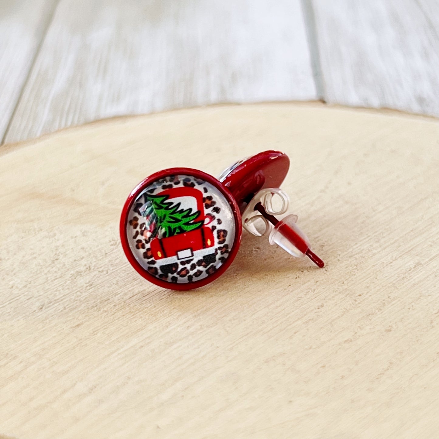 Red Truck with Christmas Tree Stud Earrings: Rustic Farmhouse Holiday Charm for Your Ears