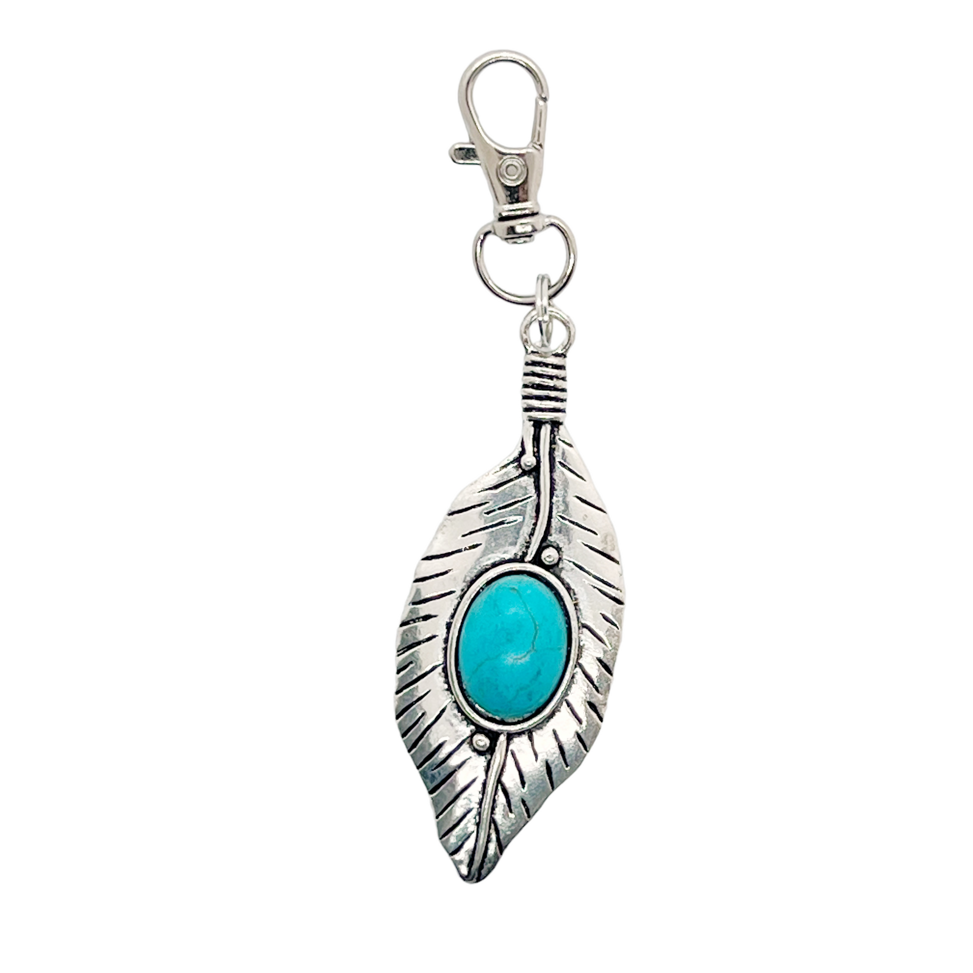 Turquoise Silver Feather Western Zipper Pull Keychain Charm