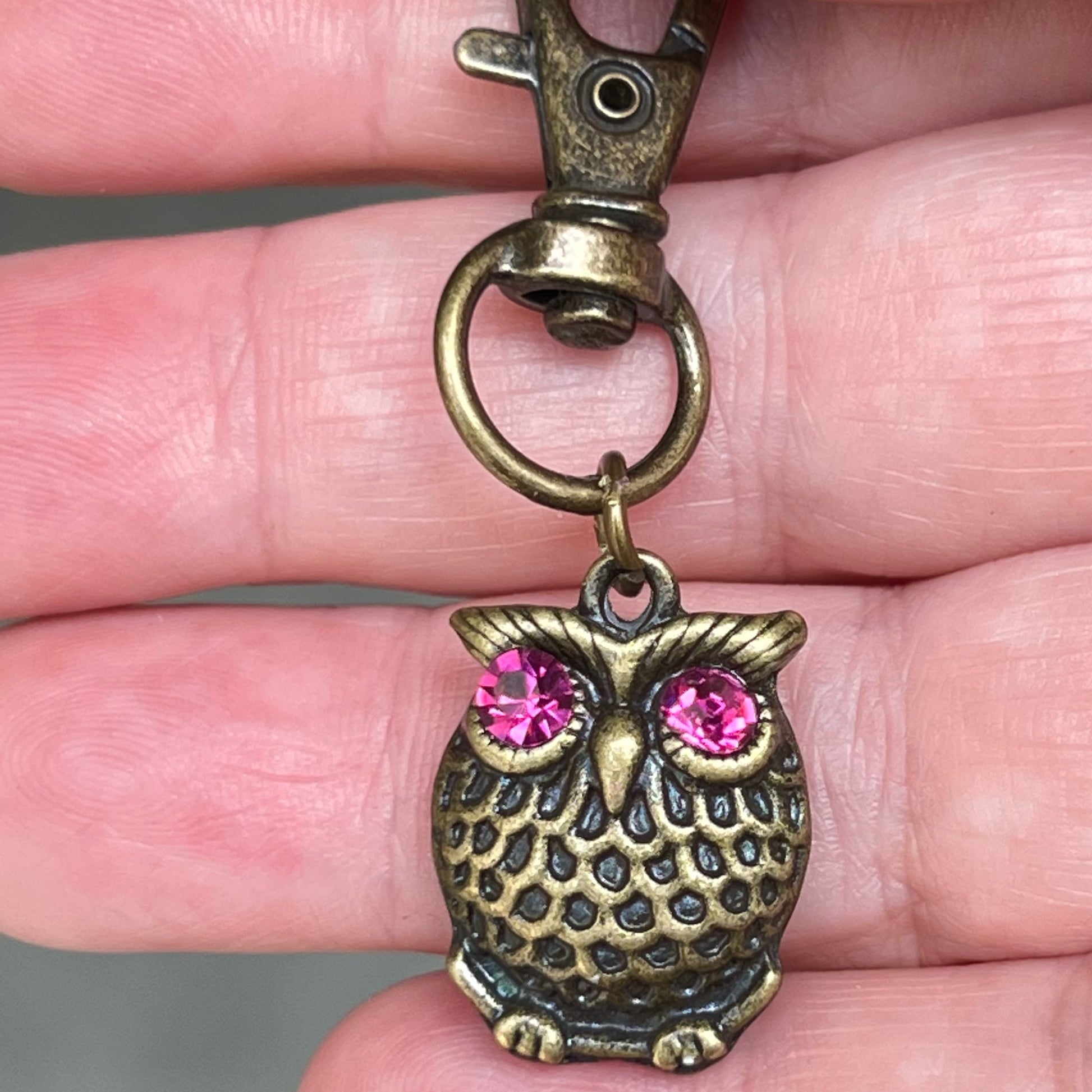 Set of 3 Brass Owl Purse Charms with Rhinestone Accents