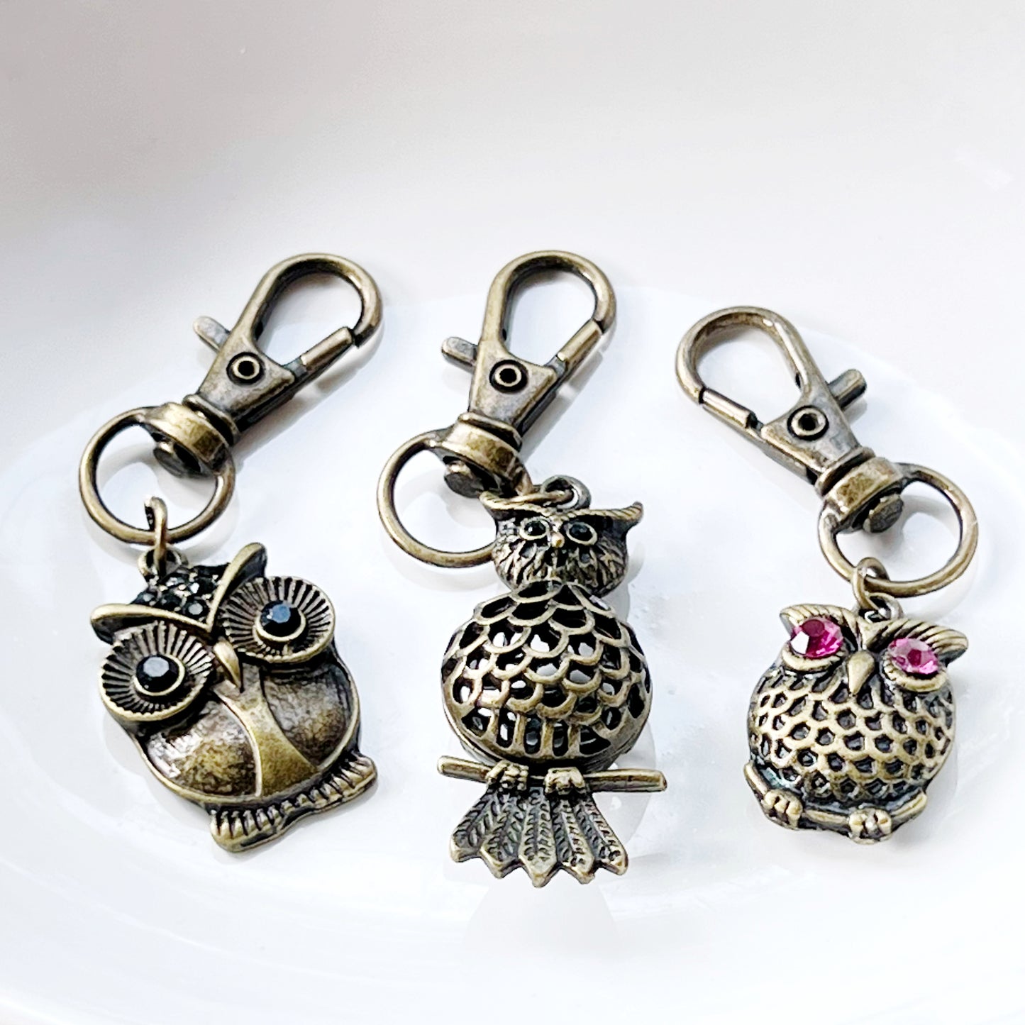 Set of 3 Brass Owl Purse Charms with Rhinestone Accents