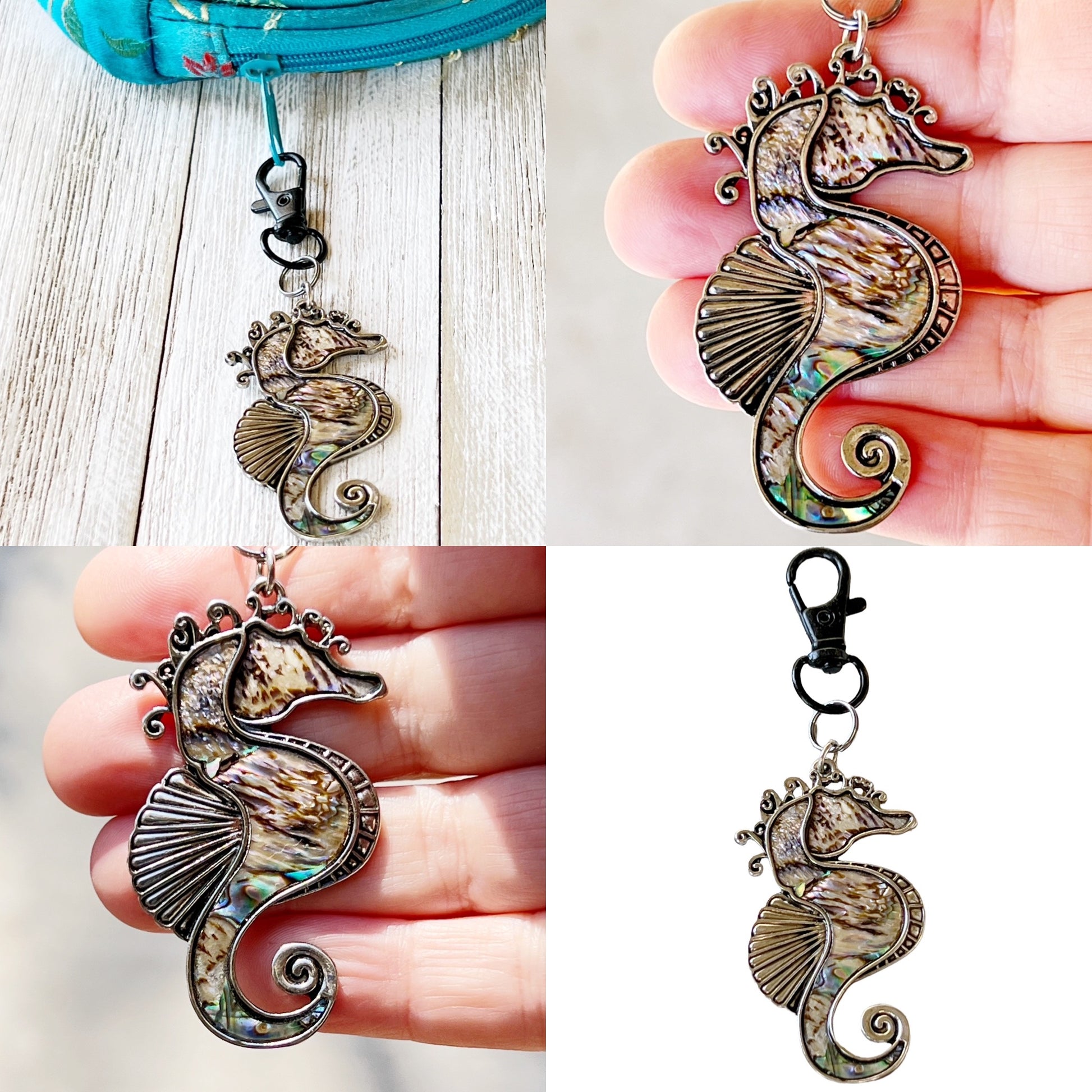 Seahorse Zipper Pull Keychain Charm with Natural Abalone: Coastal Elegance for Your Purse