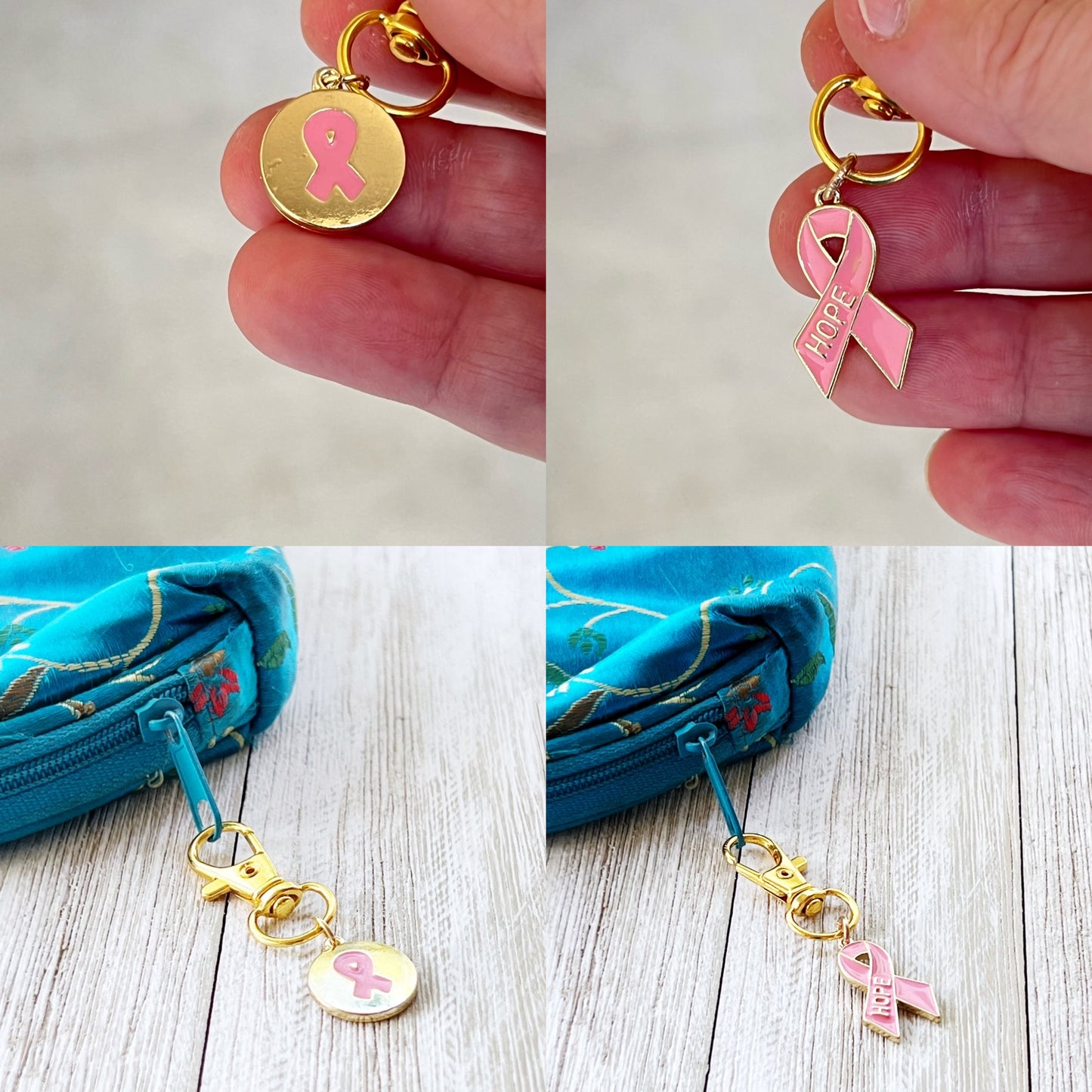 Pink Cancer Awareness Ribbon Zipper Pull Keychain Charm with Rhinestones