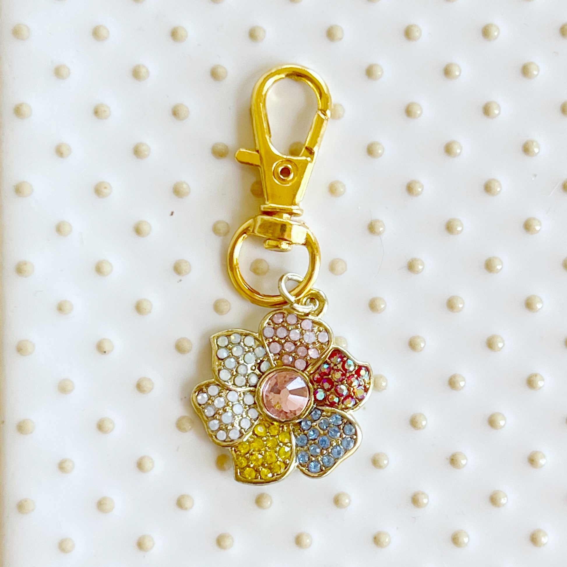 Flower Zipper Pull Keychain Charm with Rhinestones