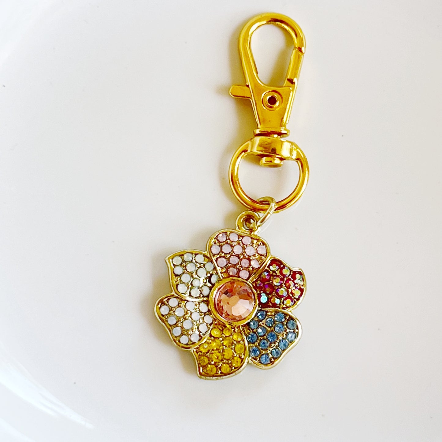 Flower Zipper Pull Keychain Charm with Rhinestones