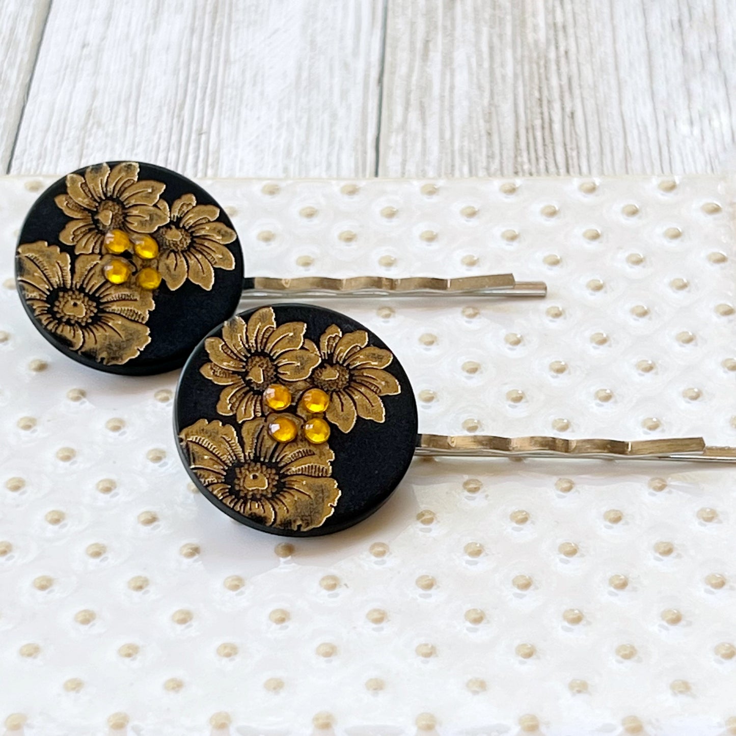 Black & Gold Sunflower Silver Bobby Pins Set - Elegant Floral Hair Accessories