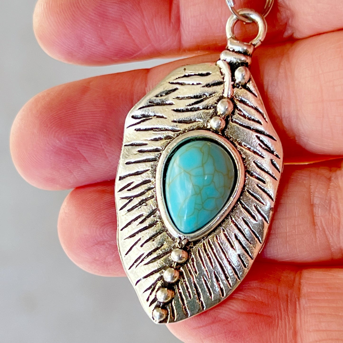 Small Turquoise Silver Feather Western Zipper Pull Keychain Charm