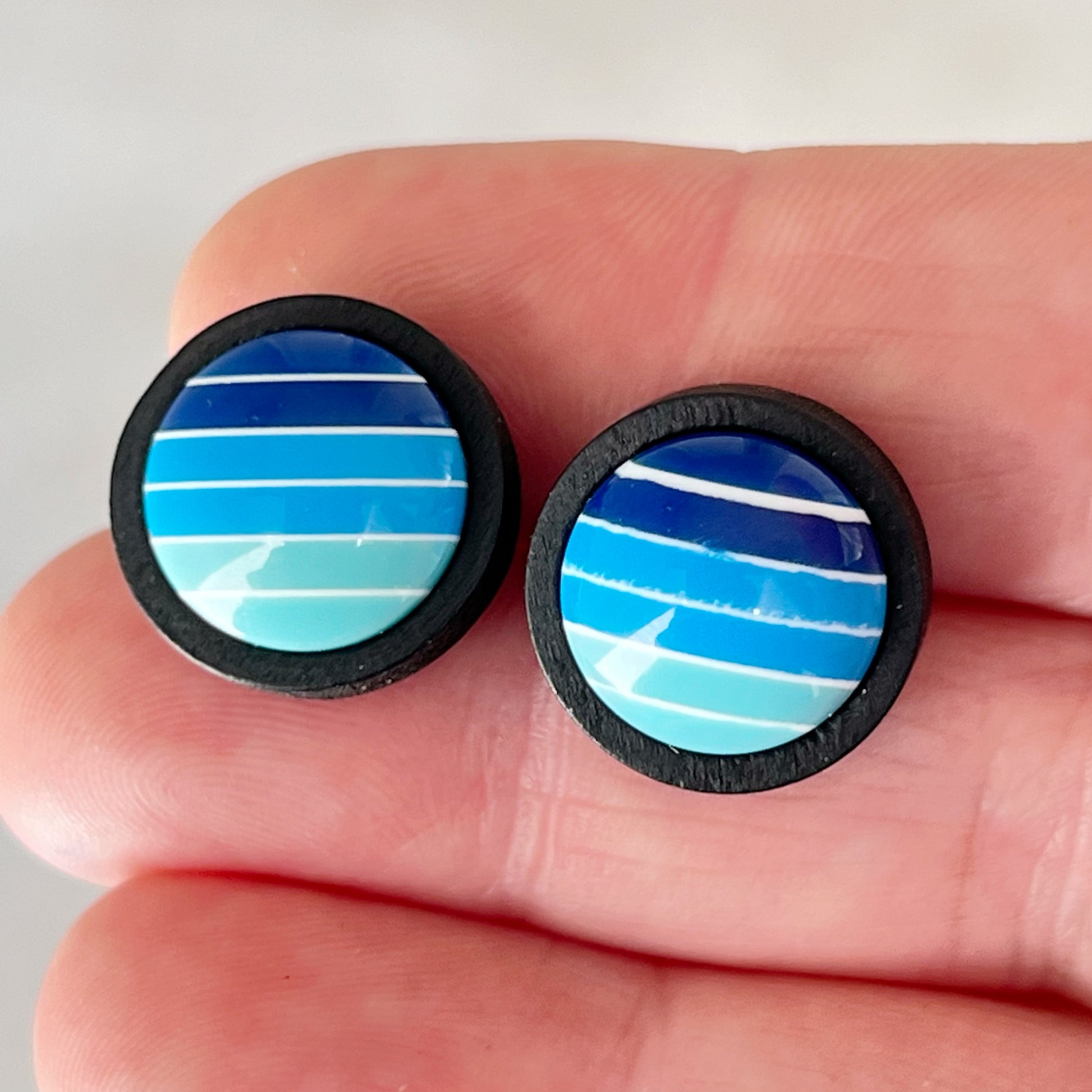 Blue Gradient Striped Black Wood Earrings - Stylish Contemporary Accessories