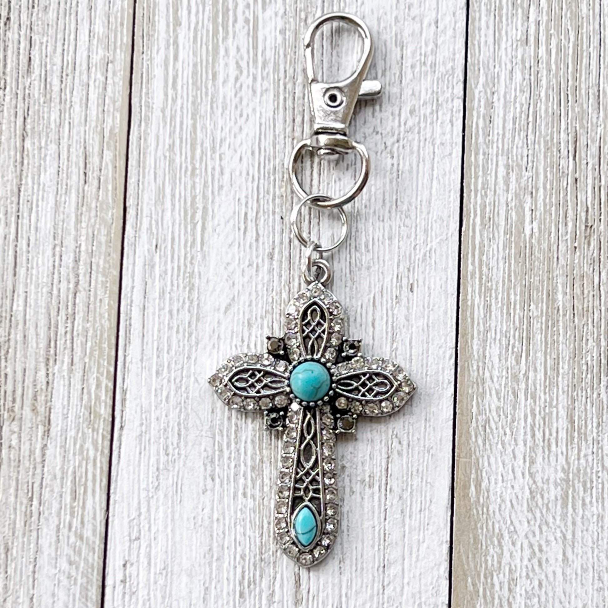 Turquoise Silver Cross Western Zipper Handbag Charm: Stylish Southwestern Accent