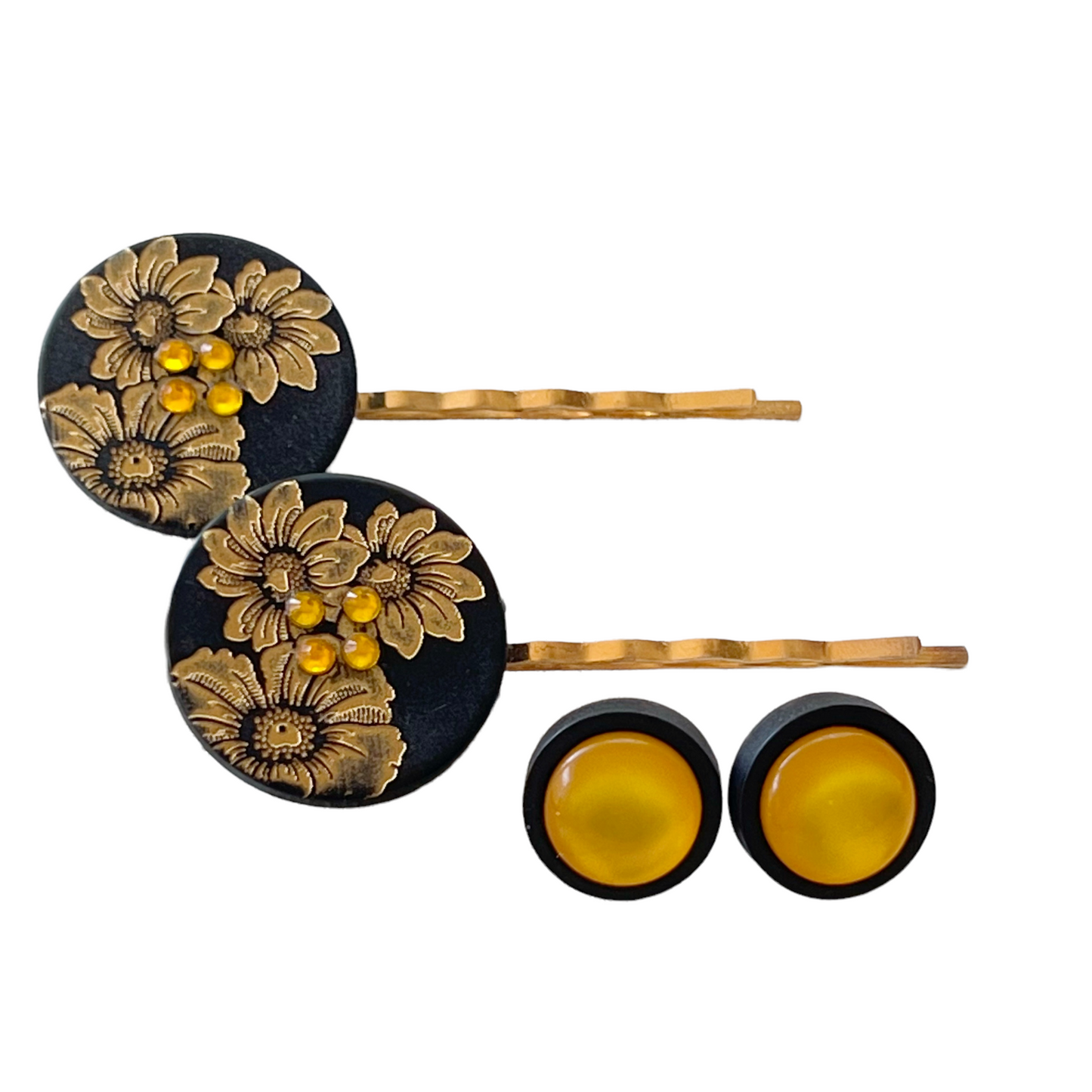 Black & Gold Sunflower Gold Bobby Pins with Matching 12mm Black Wood Earrings - Stylish Floral Accessories