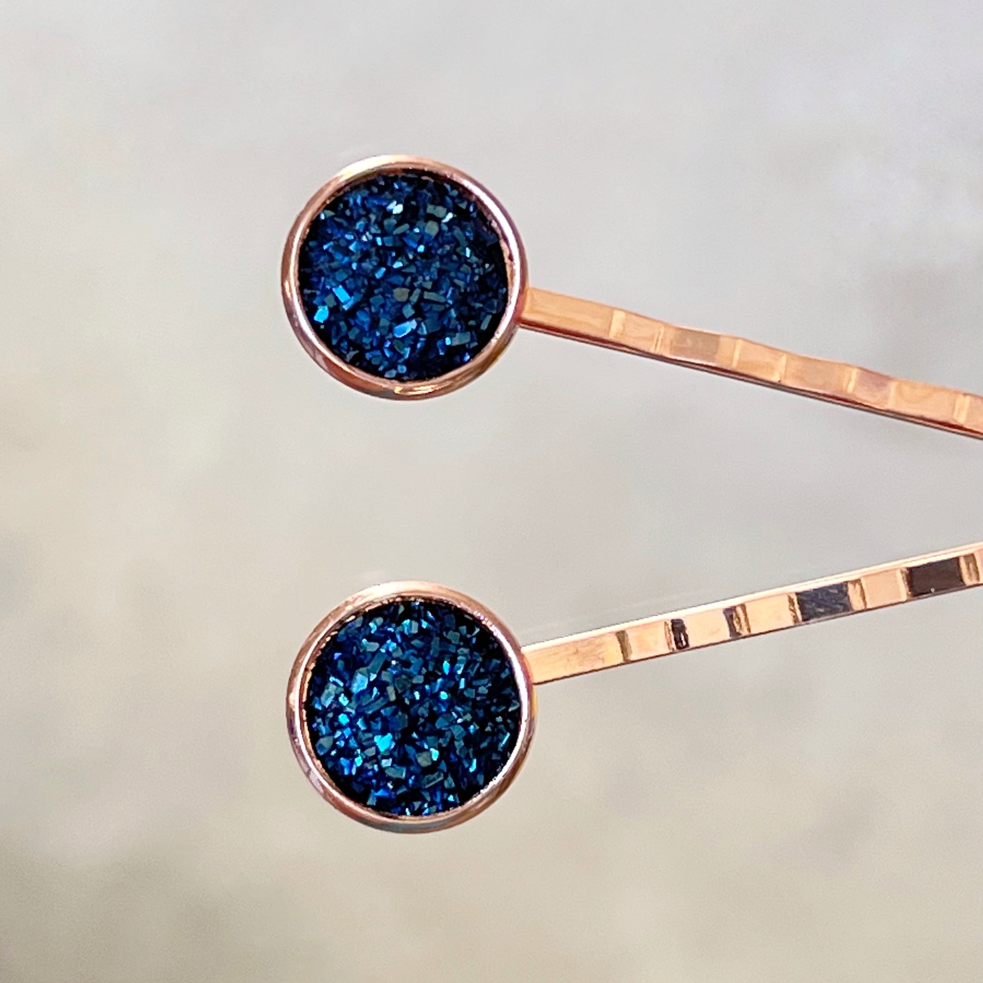 Cobalt Blue Druzy Rose Gold Hair Pins: Elegant & Vibrant Accessories