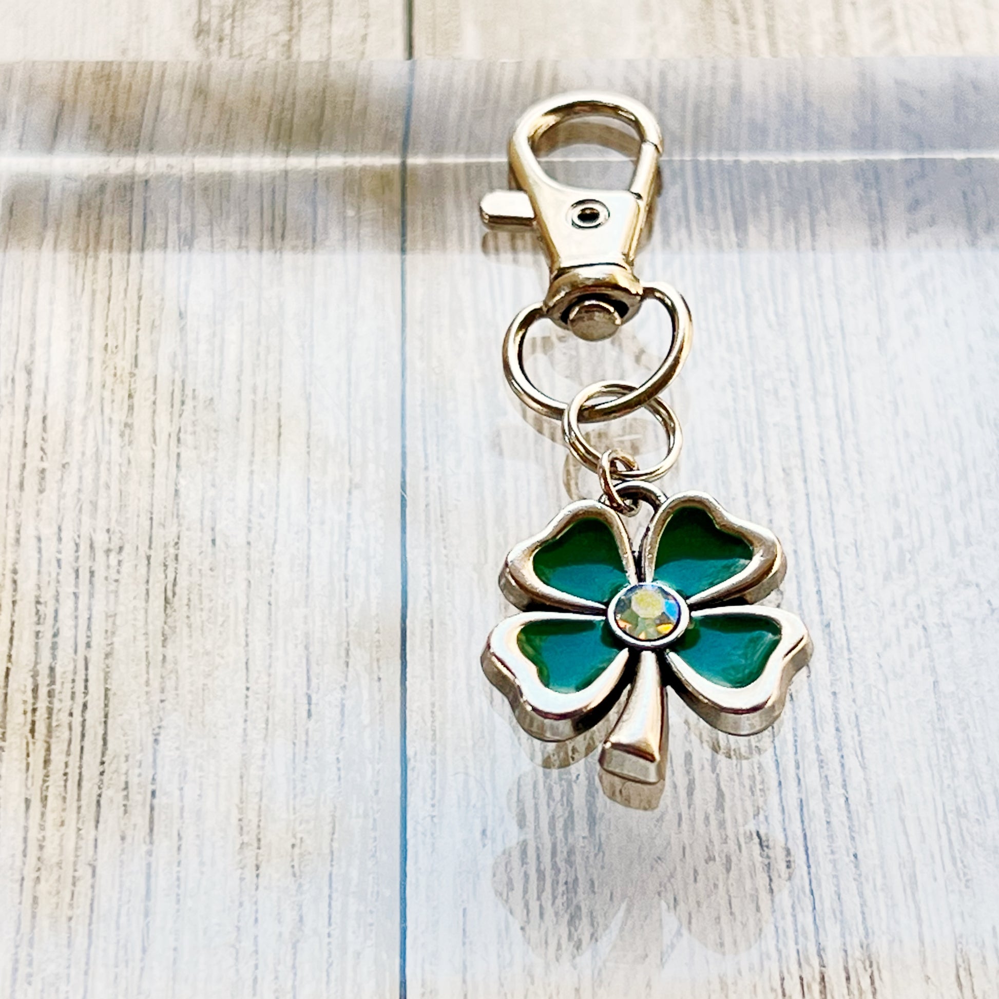 Four Leaf Clover Zipper Pull Keychain Purse Charm - Rhinestone Embellished Lucky Charm