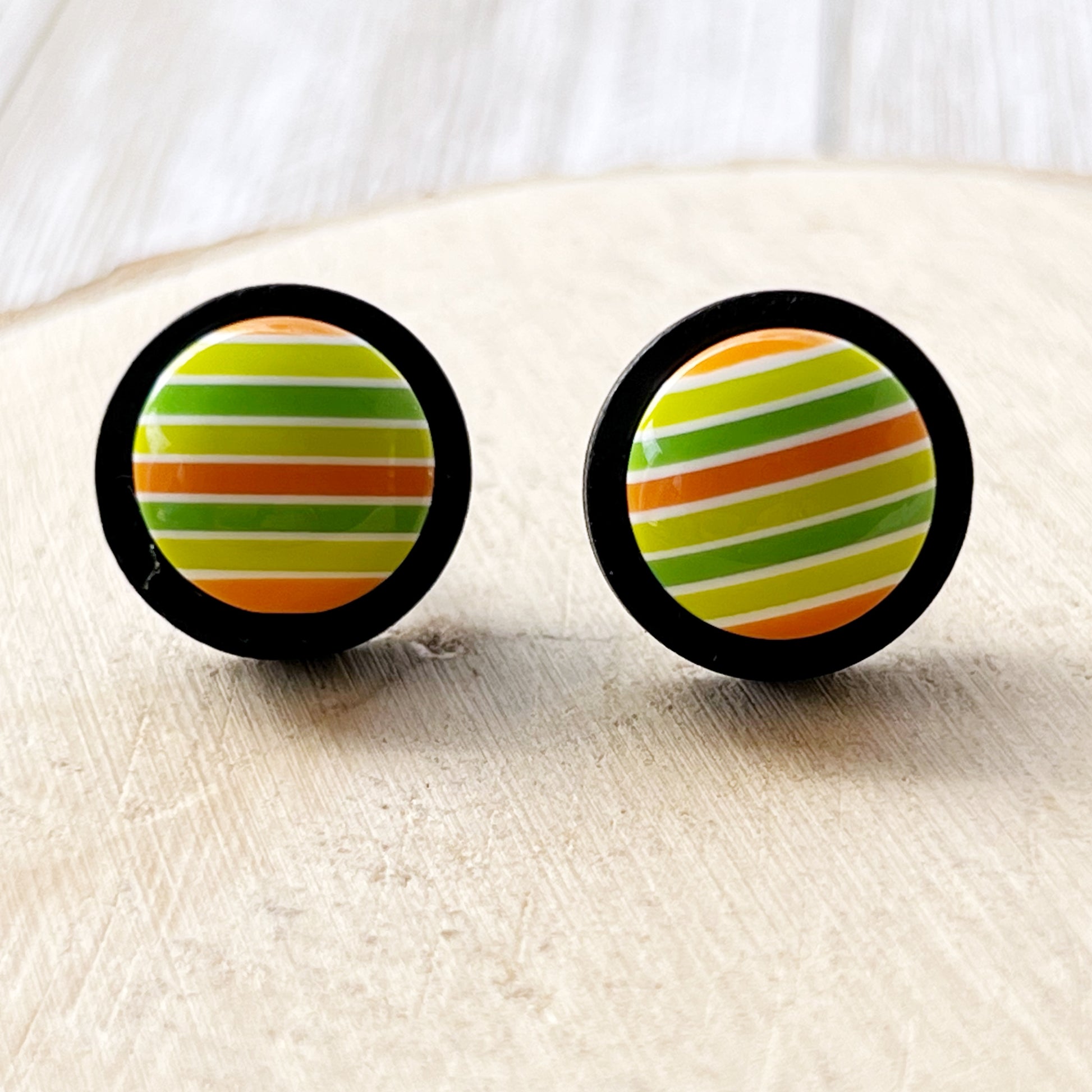 Green & Orange Striped Black Wood Stud Earrings - Unique and Colorful Accessories