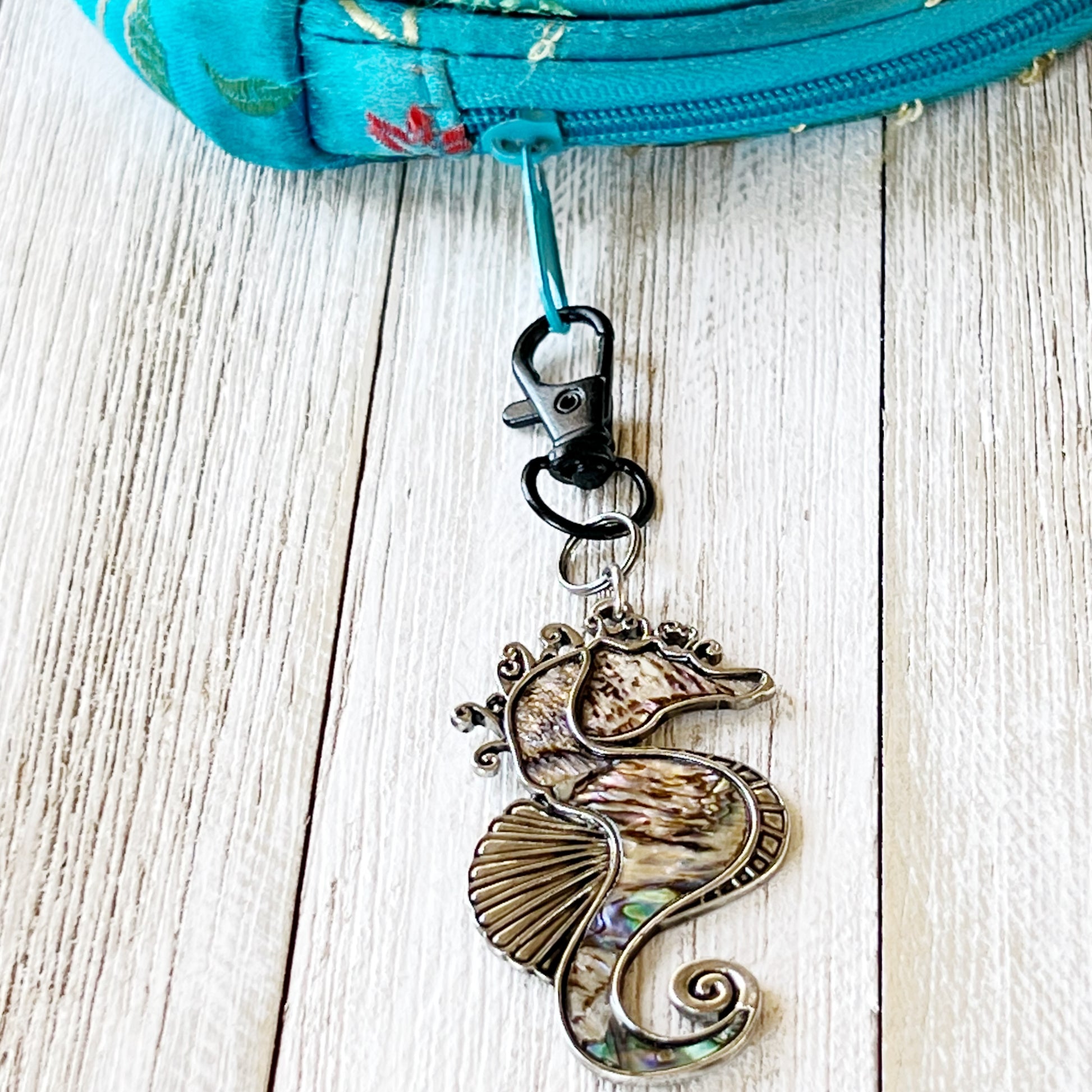 Seahorse Zipper Pull Keychain Charm with Natural Abalone: Coastal Elegance for Your Purse